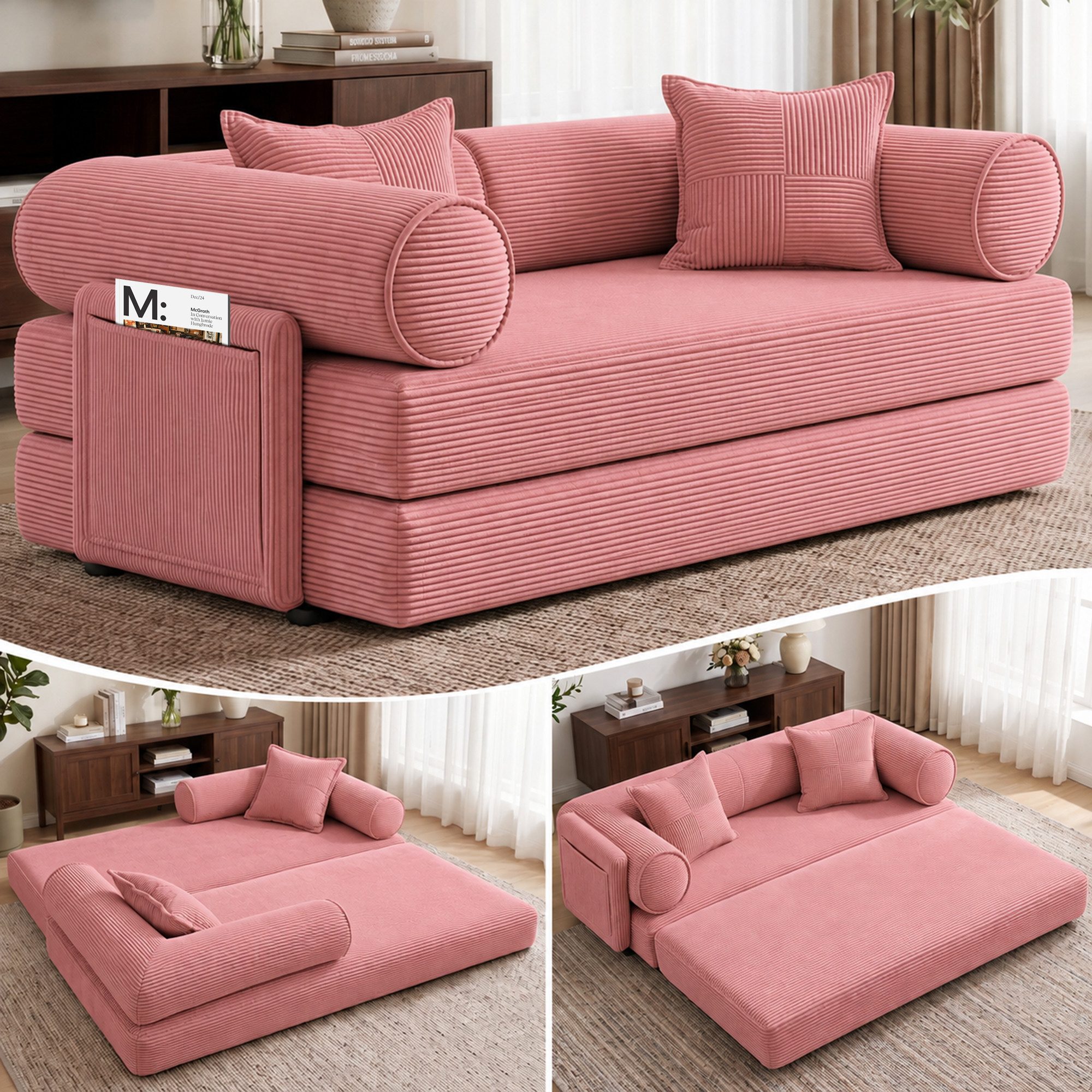 Hoolamyie Sofa Cord-Schlafsofa, 200 cm breit, ausklappbar, ohne Montage, bis 350 kg, 2-Sitzer, 70 cm Sitztiefe, 40 cm Sitzhöhe, inklusive 2 Kissen