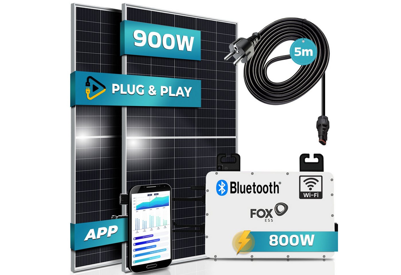 Thumbnail - SUNNIVA Balkonkraftwerk 900W/800W komplett Steckdose, (FOX ESS 800W Wechselrichter - PV Solaranlage Komplettset - 2x 450...