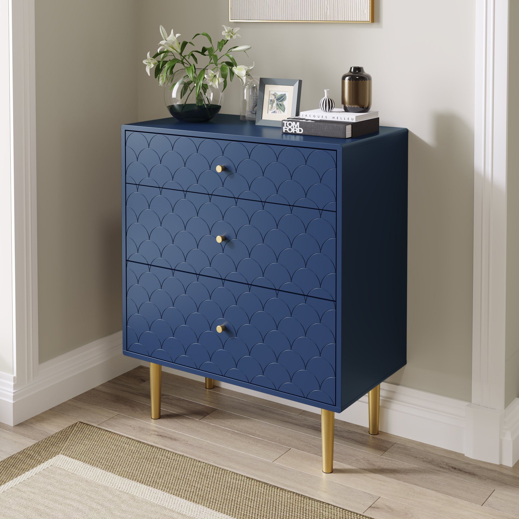 OKWISH Kommode Schubladenkommode Sideboard (Marineblau-H89/B75/T40 cm), mit 3 Schubladen, FSC®-zertifiziertem, für Schlafzimmer & alle Wohnräume