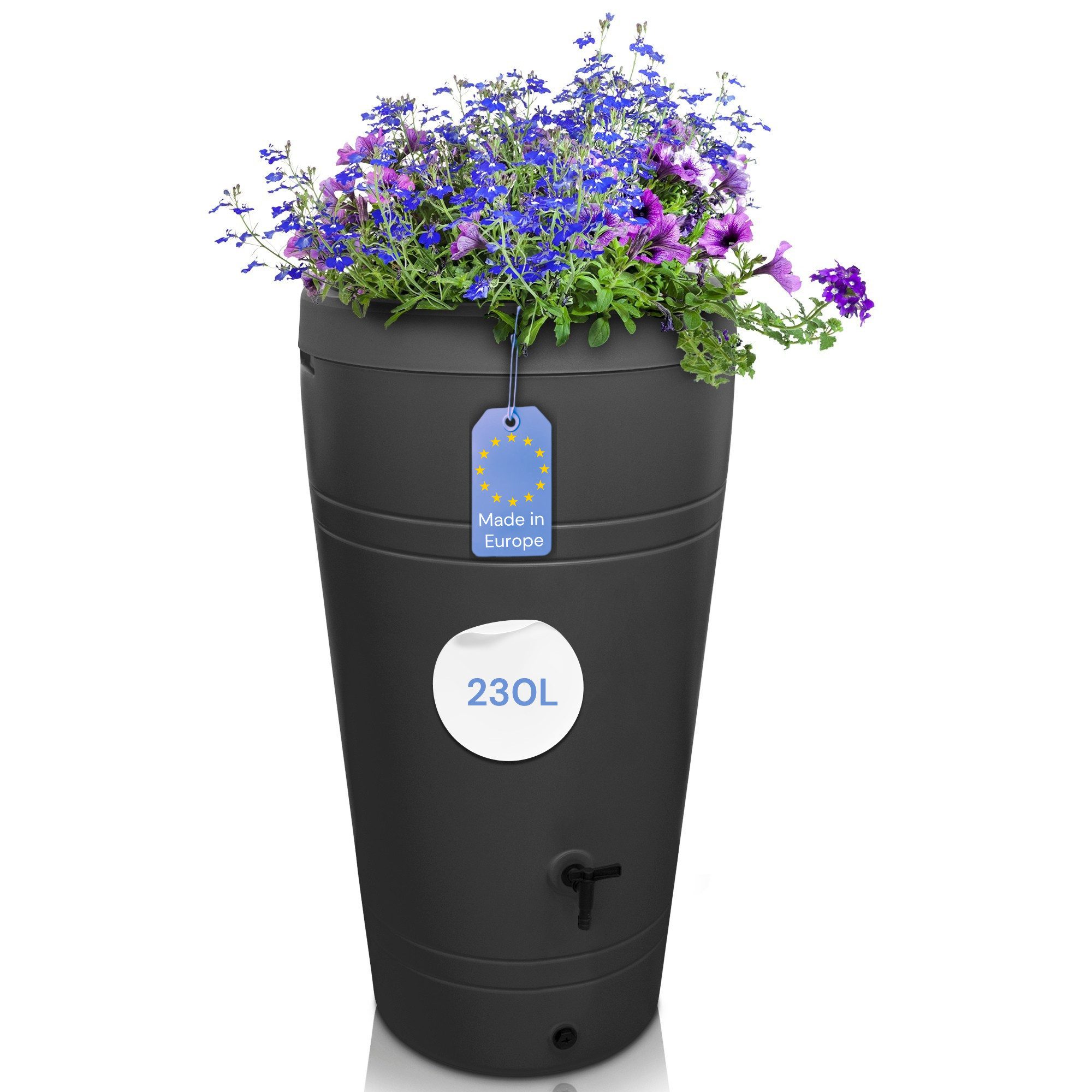 YourCasa Regentonne 230 Liter [Decore ] mit Pflanzeinsatz - Regenfass aus Kunststoff, bepflanzbarer Deckel, mit Wasserhahn,240L