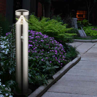 etc-shop LED Außen-Stehlampe, LED-Leuchtmittel fest verbaut, Warmweiß, Außen Standleuchte mit Bewegungsmelder Edelstahl Garten