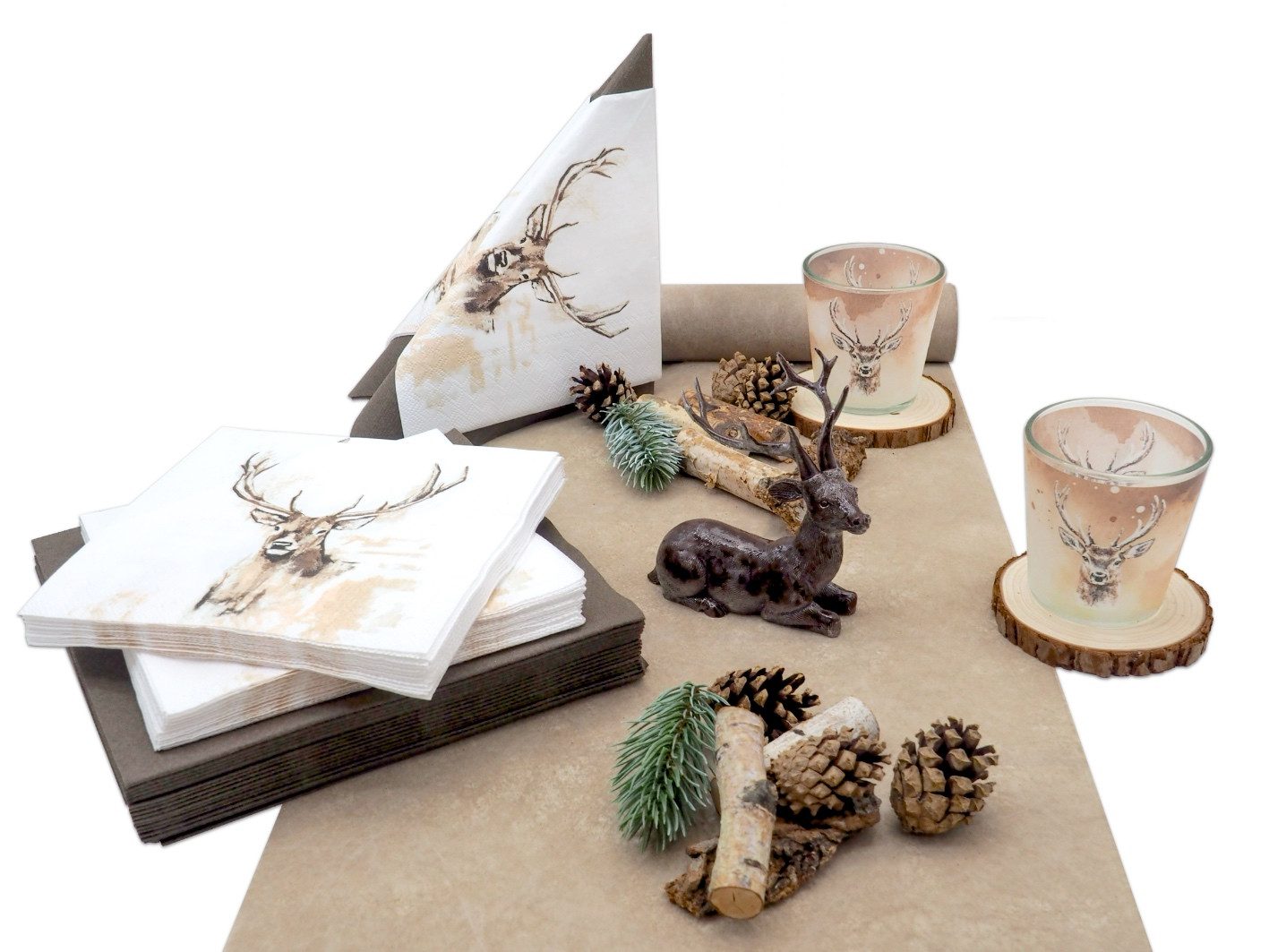 ZauberDeko Tischdecke Tischdeko Geburtstag Braun Natur Jäger Landhausstil Hirsch Wald SET