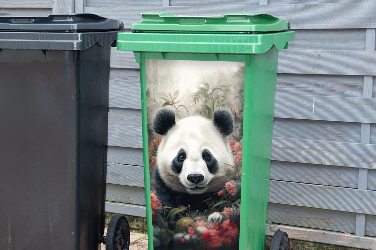 MuchoWow Wandsticker Panda - Wildtiere Container, Sticker, Natur Abfalbehälter Blumen - St), - Mülltonne, (1 Mülleimer-aufkleber