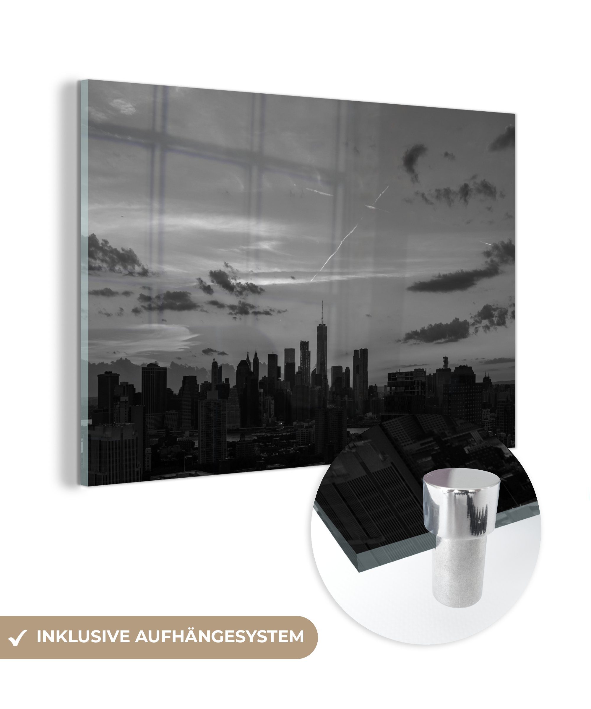 Weiß, St), Schwarz Wohnzimmer MuchoWow (1 Manhattan & - Acrylglasbilder Acrylglasbild - - Schlafzimmer Stadt