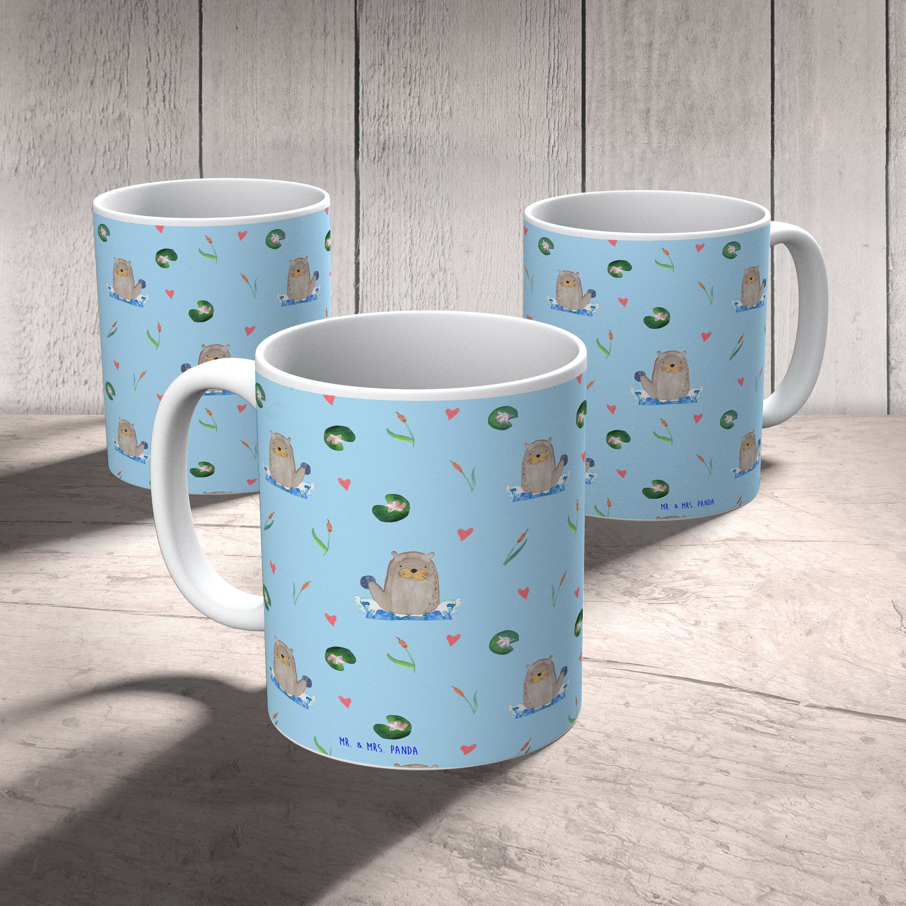 Mr. & Mrs. Panda Tasse Otter mit Stein - Blau - Geschenk, Geschenk Tasse, Seeotter, Kaffeebe, Keramik