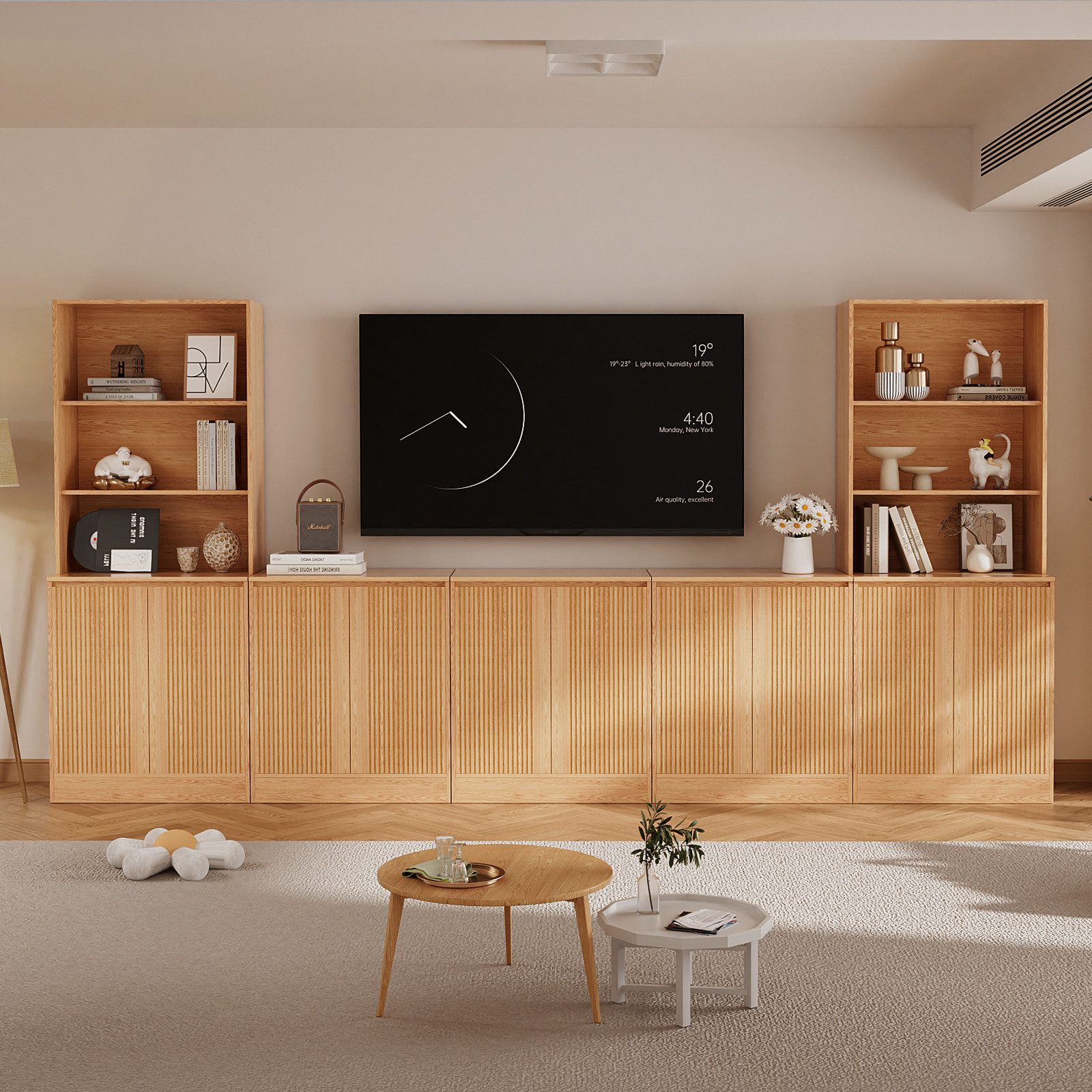 VOWNER TV-Schrank mit Arbeitsplatte & Schublade, 280cm, Holzfarbe (4 PCS) (5-St) Die 4 Module lassen sich einzeln oder zusammen verwenden