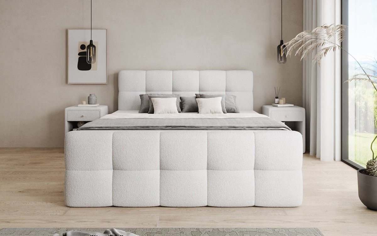 Luxusbetten24 Boxspringbett Cozy in Teddy Bouclé, mit Stauraum, inklusive Topper