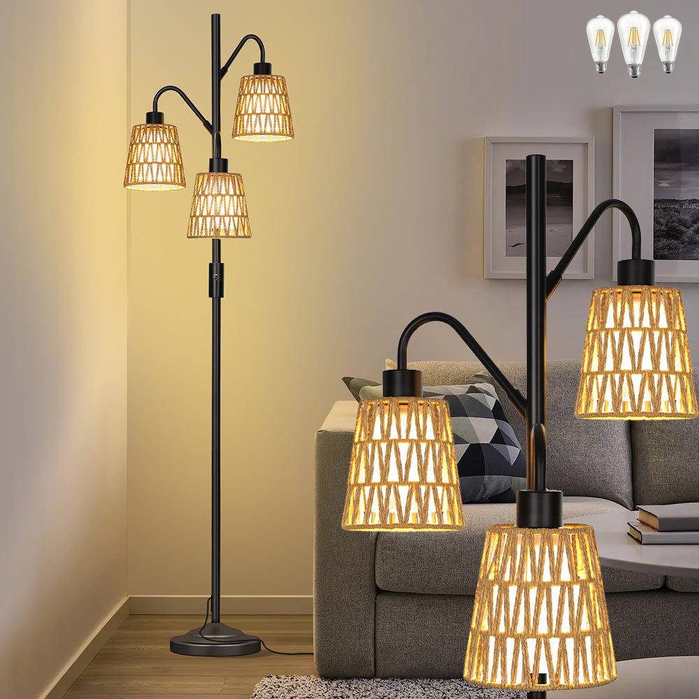 LED Stehlampe Dimmbar Stehlampe mit Rattan Lampenschirm Wohnzimmer LED Stehleuchte