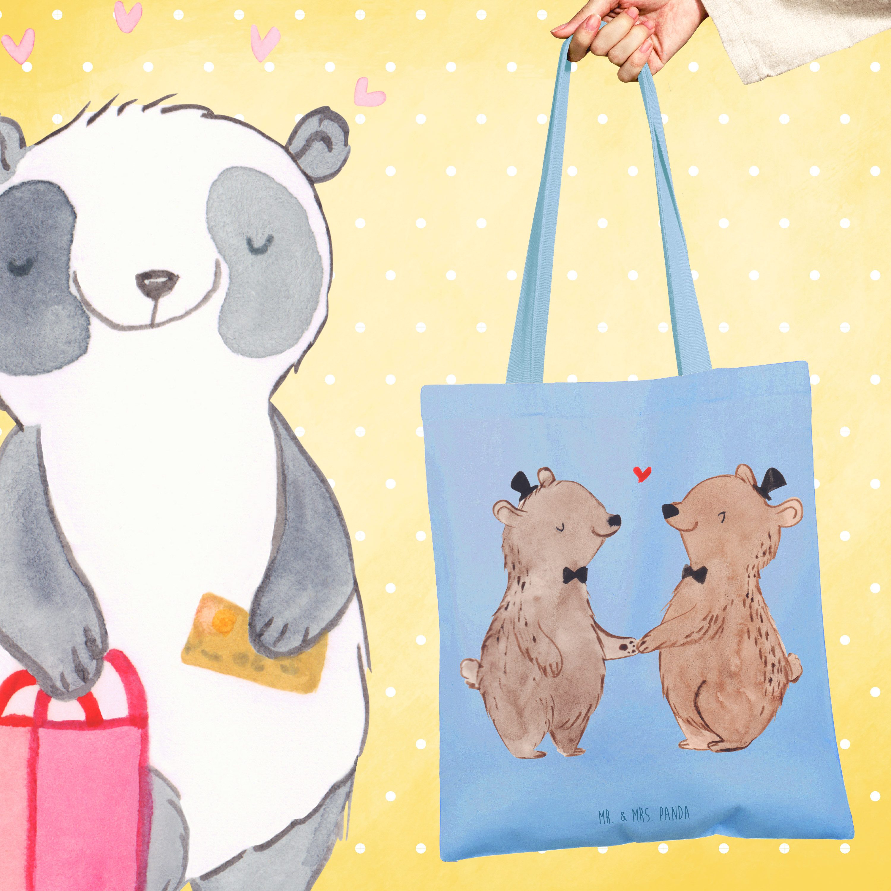 Mr. & Mrs. Panda Tragetasche Bären Gay Pride, Tote Bag, Sky Blue, Schultasche, Hochzeitskarte, Bag (Packung), Einkaufstasche Jutebeutel dokumententasche