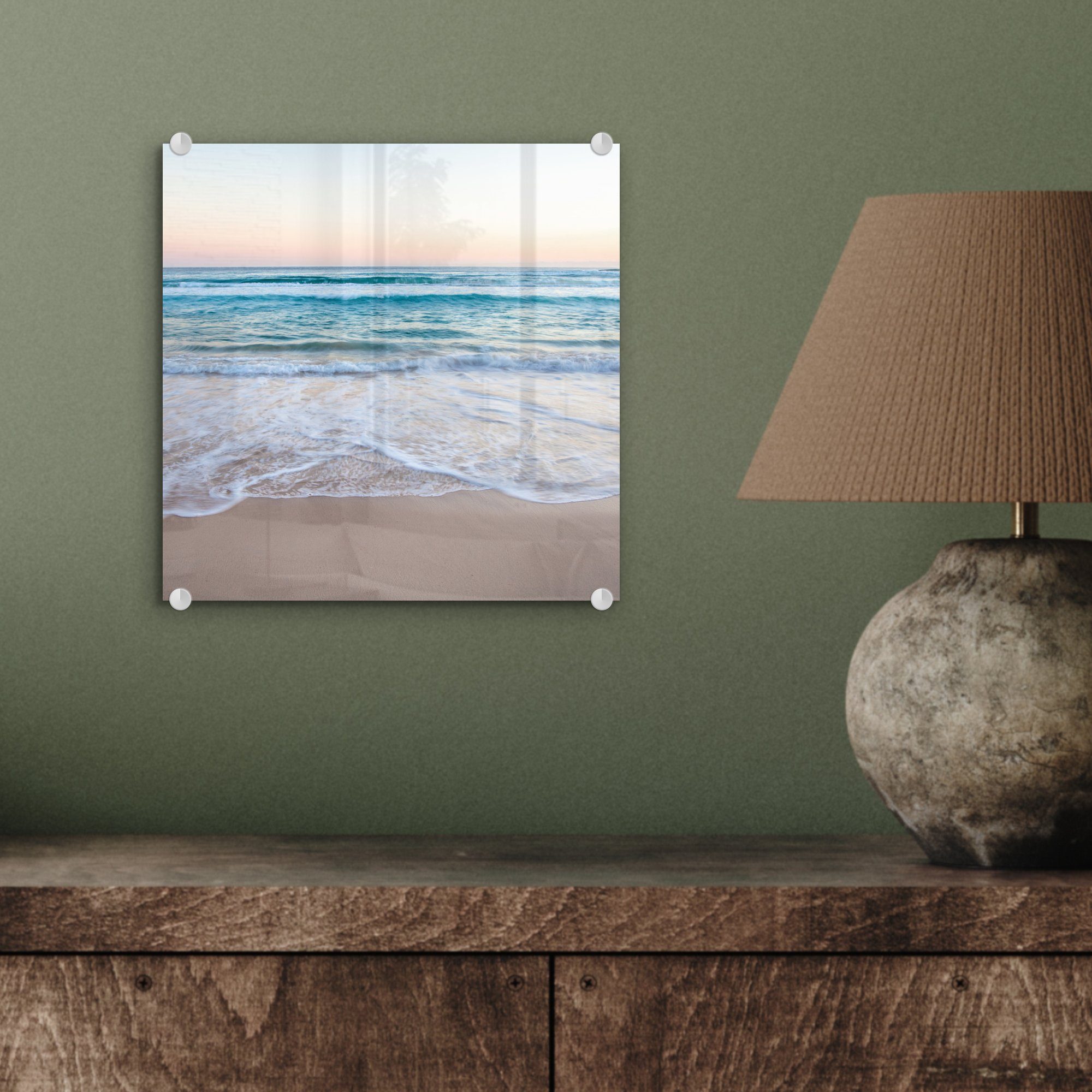 Foto Strand Wanddekoration Bilder MuchoWow Glasbilder St), Meer - (1 Acrylglasbild - Glas - auf auf - Wandbild Pastell, - Glas