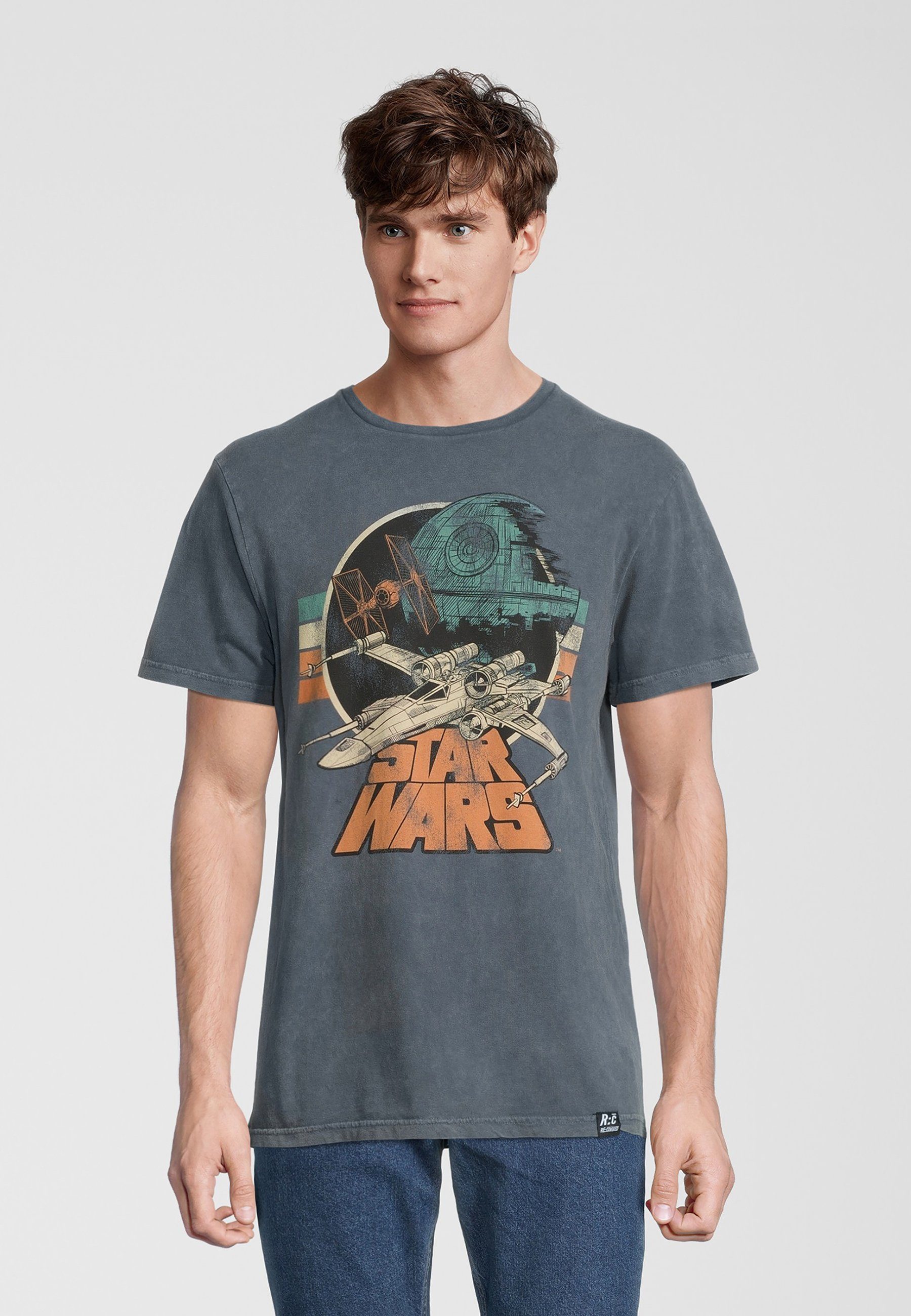 Recovered T-Shirt Star Wars Empire Strikes Back Retro X-Wing GOTS zertifizierte Bio-Baumwolle Grau