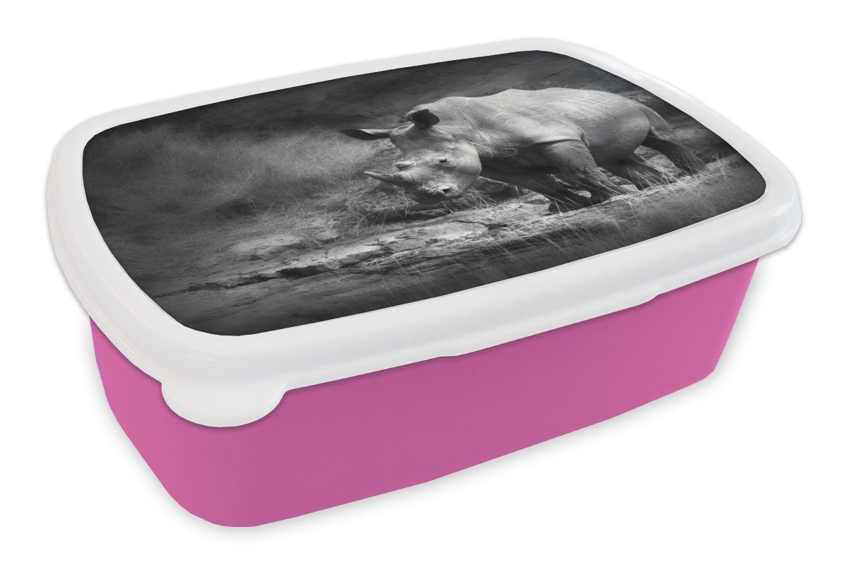 MuchoWow Lunchbox Rhinozeros - Natur - Gras - Schwarz - Weiß, Kunststoff, (2-tlg), Brotbox für Erwachsene, Brotdose Kinder, Snackbox, Mädchen, Kunststoff rosa
