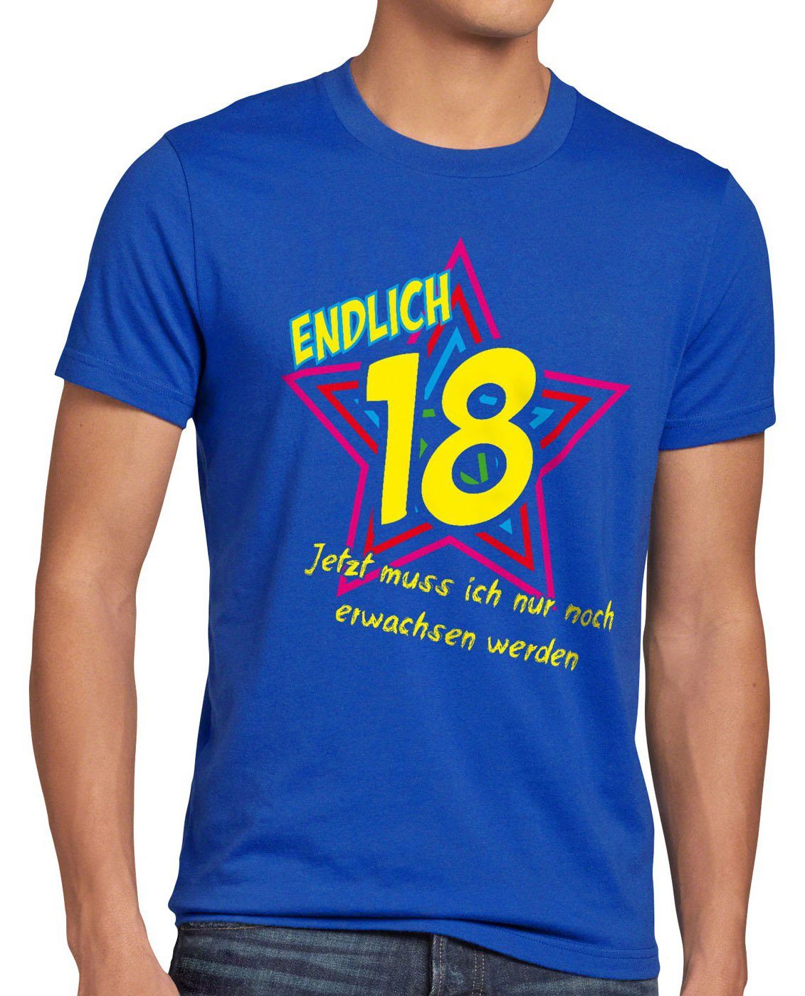 style3 Print-Shirt Herren T-Shirt Endlich 18 Jetzt noch erwachsen werden! Geburtstag Fun Funshirt blau