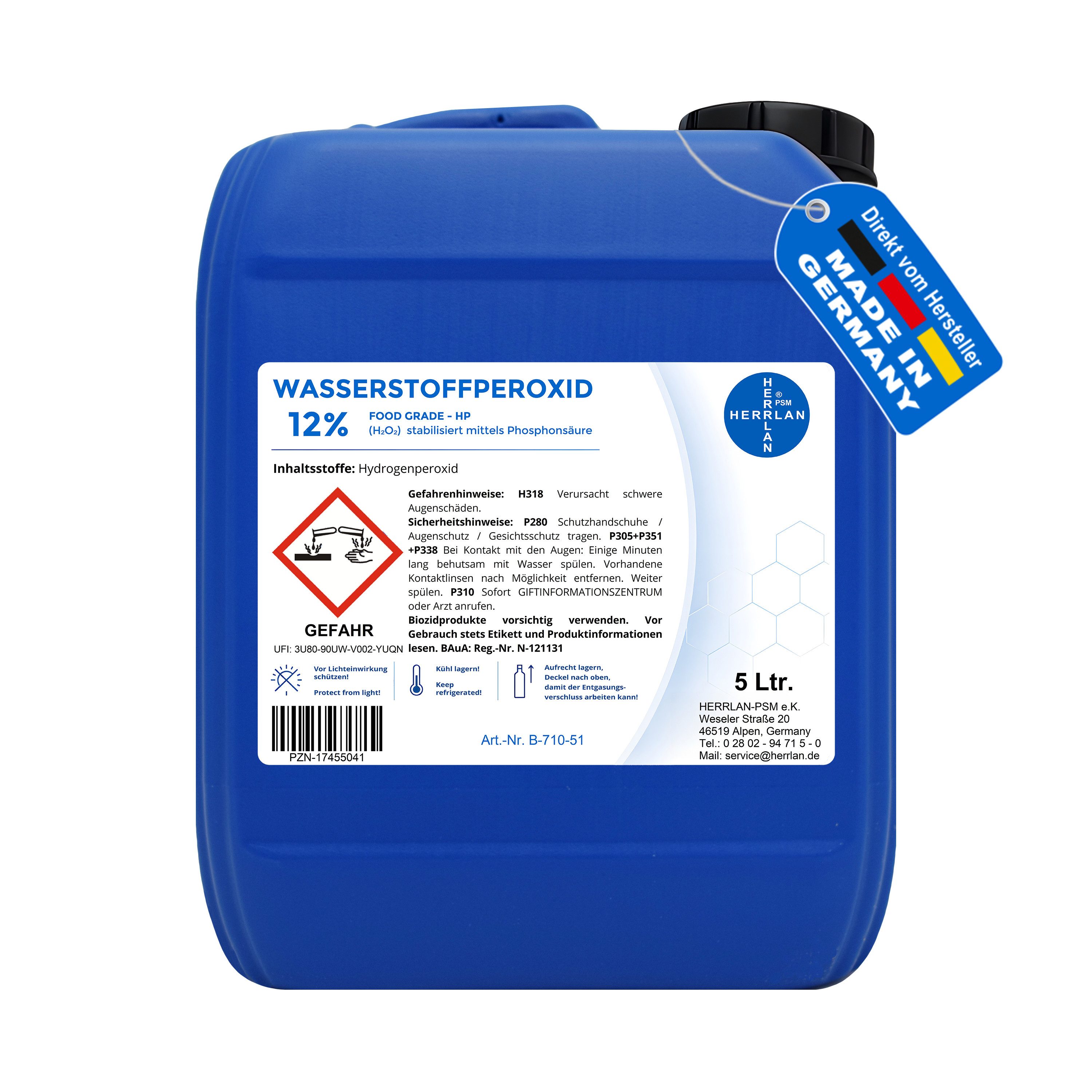 HERRLAN Wasserstoffperoxid 12% FOOD GRADE I HERRLAN-Qualität Oberflächen-Desinfektionsmittel (5 Liter)