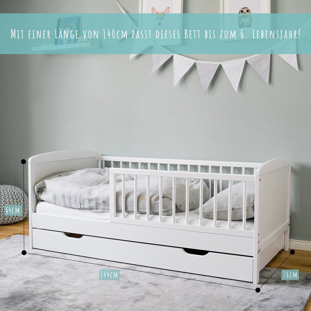 Kids Collective Kinderbett 70x140 cm mit Schublade, Lattenrost und Rausfallschutz in weiß, mit Bettkasten, Made in Europe, Junior-Bett bis zum 6. Lebensjahr