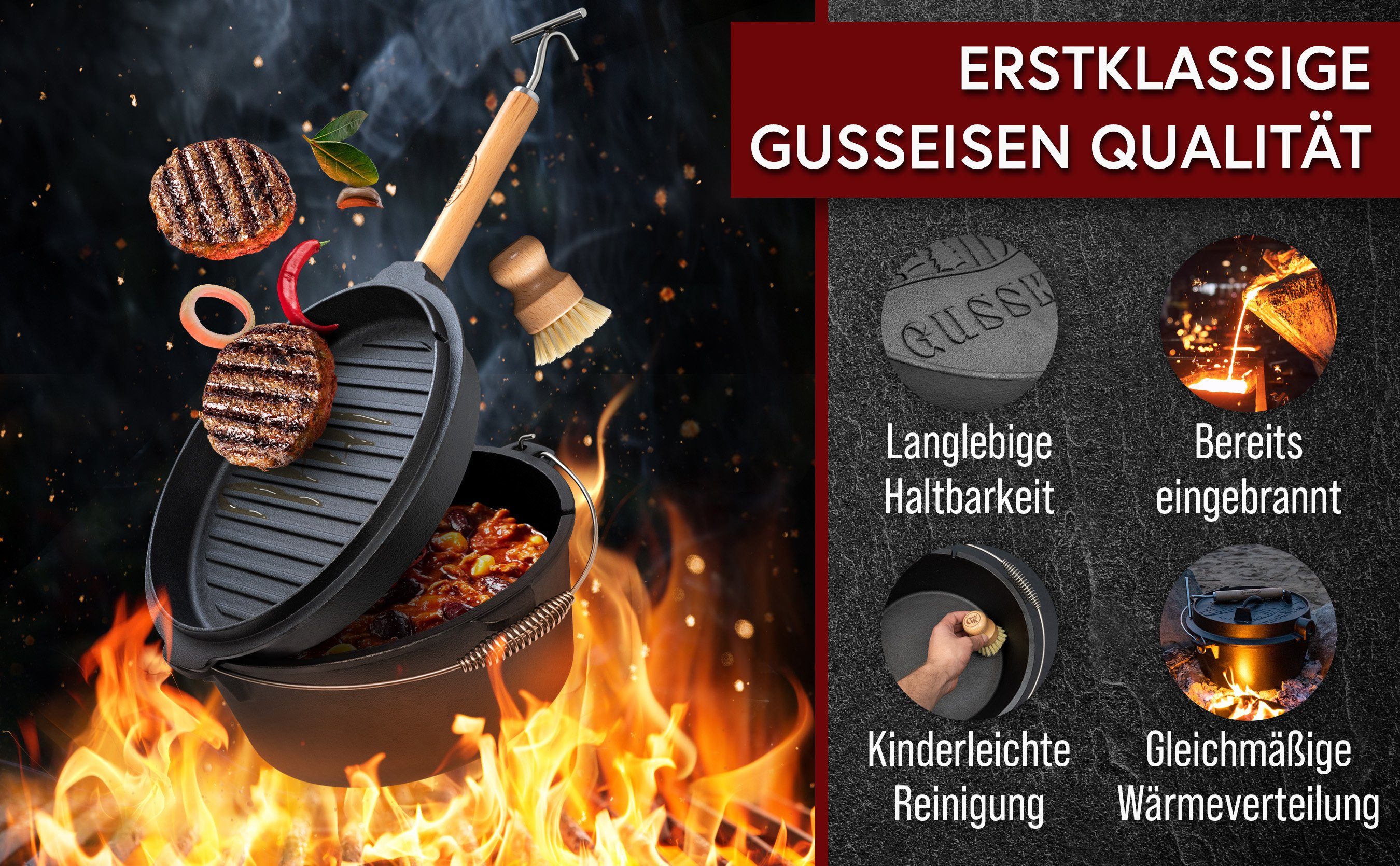 Grilltopf GUSSKÖNIG Oven 4.5L: Deckelheber, Bürste, GUSSKÖNIG Dutch inklusive Rezeptbuch