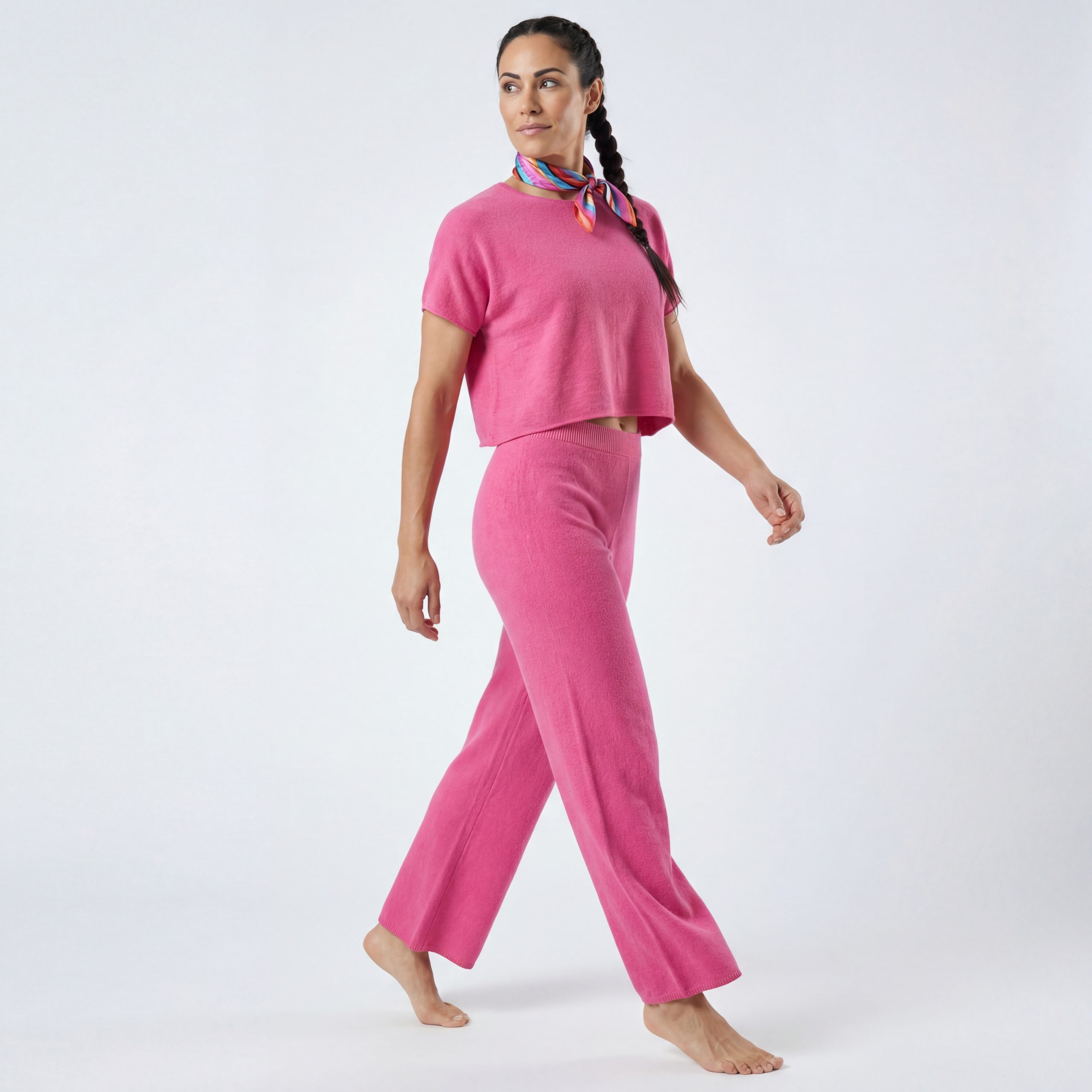 Loungeanzug Damen Feinstrick Set 2-teilig Strickhose mit Stretchbund Kurzarm Shirt