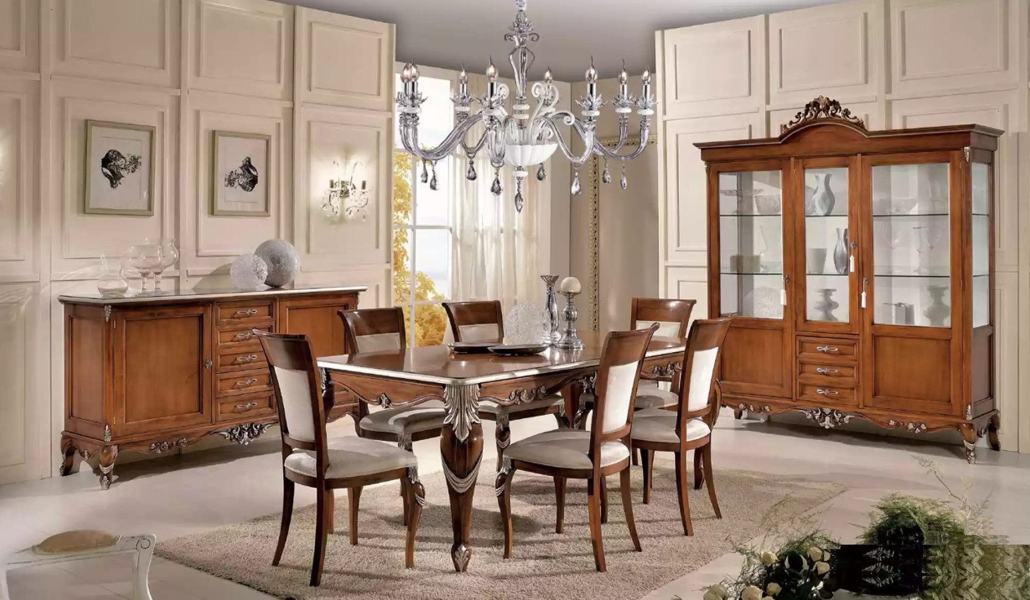 Xlmoebel Essgruppe Esstisch mit 6 Stühlen und klassischem Sideboard in Holzoptik, (Essgruppe, 9-tlg., Set 9 tlg. (Esstisch + 6x Stühle + Vitrine + Sideboard), Hergestellt in Europa