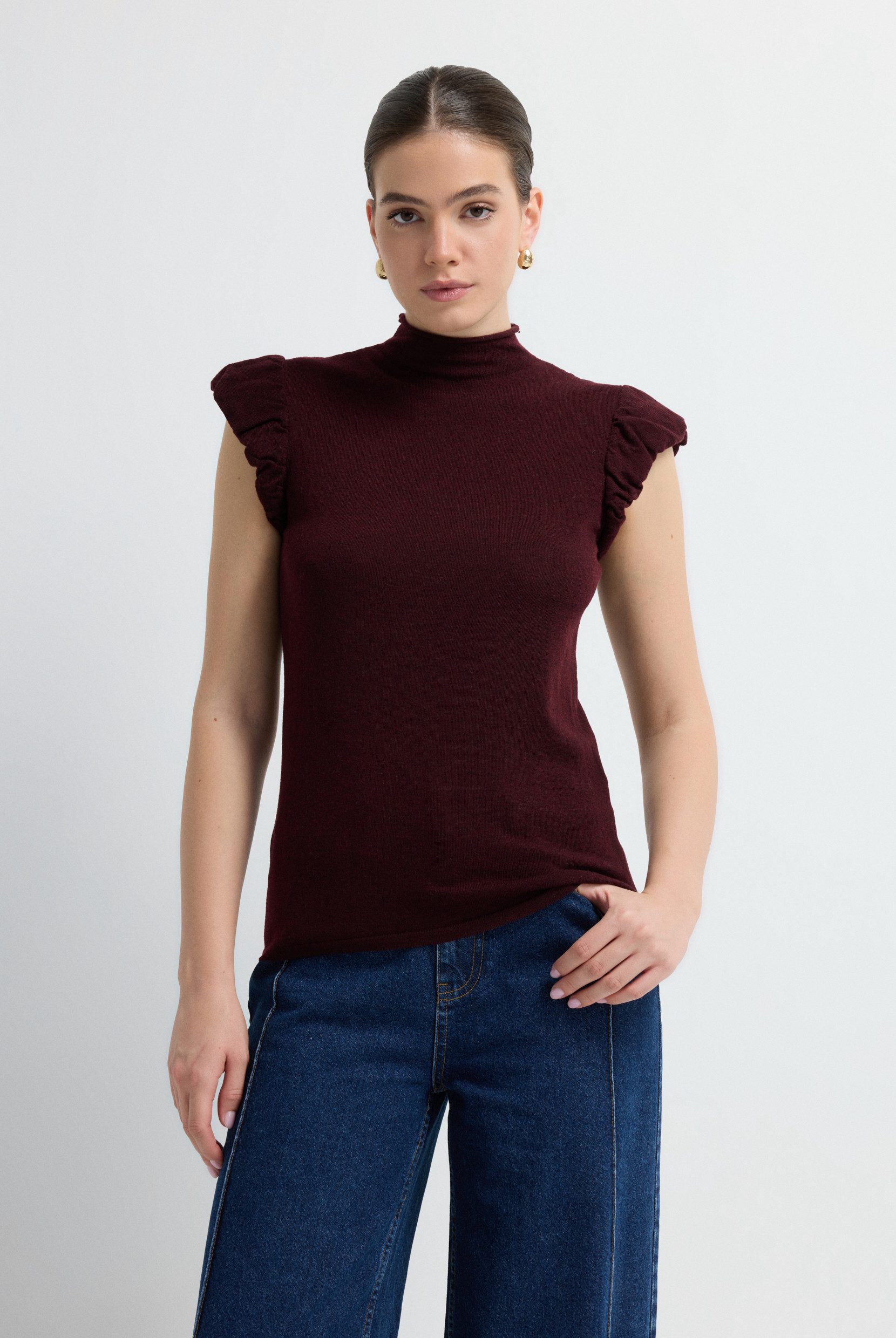 adL T-Shirt Bluse mit Rüschenärmeln und Stehkragen