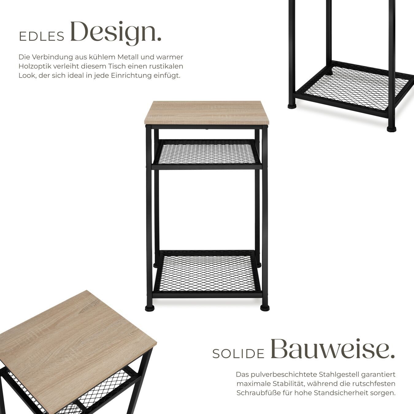 tectake Beistelltisch Ablagetisch, 45,5 x 36 x 75,5 cm, ausgestattet mit 2 Gitterablagen (Sofatisch York, 1-St., 1 tlg), Industrial Style, Holz und Stahl, höhenverstellbare Kunststofffüße