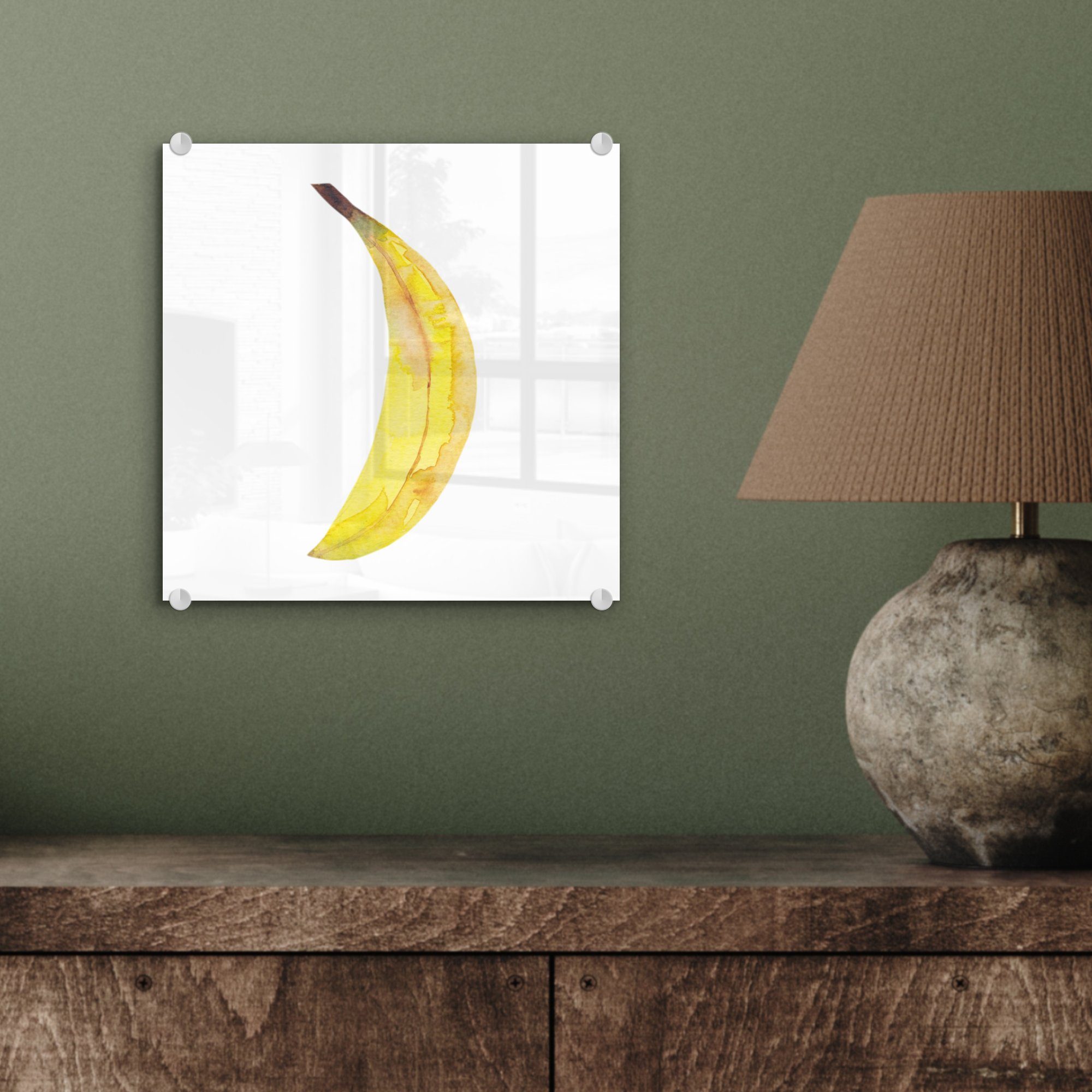 Glas - - Weiß, MuchoWow (1 Glasbilder St), Bilder - - Banane auf Acrylglasbild Aquarell Glas Wanddekoration - Foto Wandbild auf