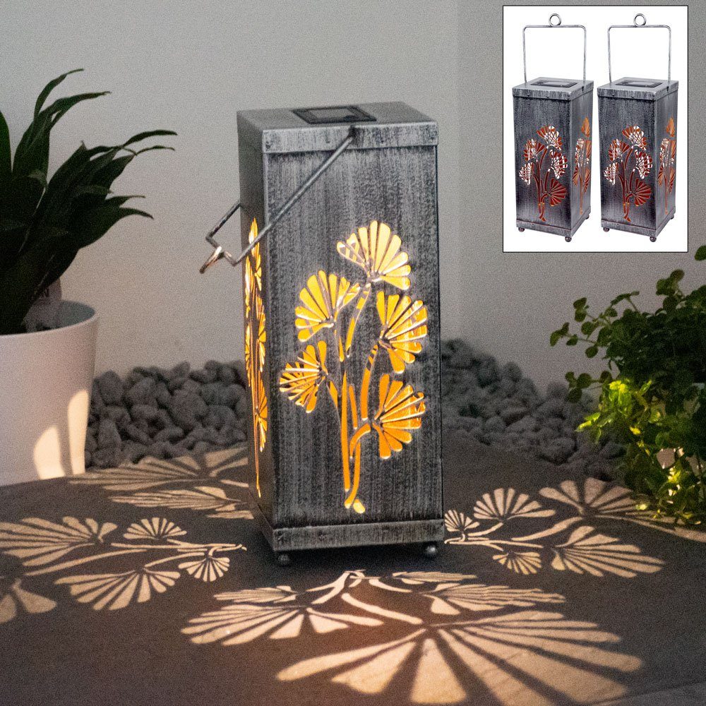 Set etc-shop Design Solar Gartenleuchte, Dekor fest Stanzungen 2er LED Laternen Warmweiß, Garten Blumen verbaut, LED-Leuchtmittel