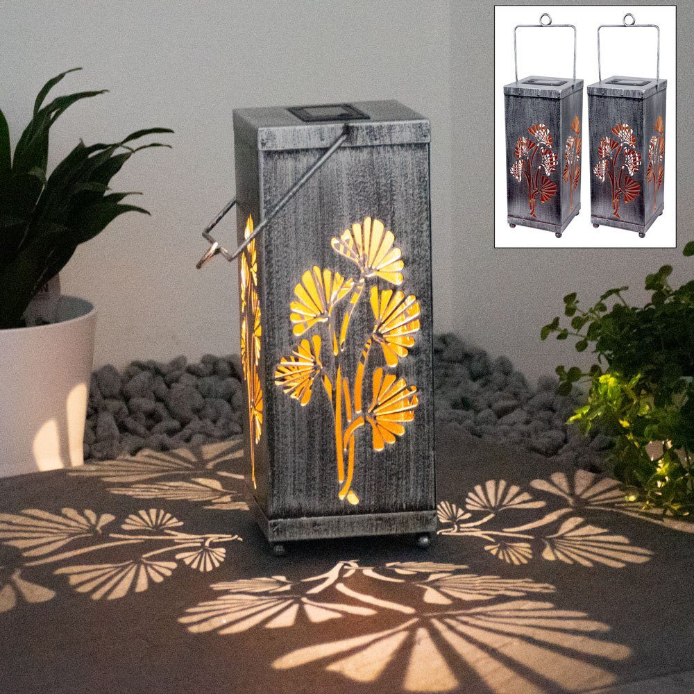 GLOBO LIGHTING LED Solarleuchte, LED-Leuchtmittel fest verbaut, Warmweiß, 2er Set LED Solar Laternen Dekor Stanzungen Blumen Design Garten