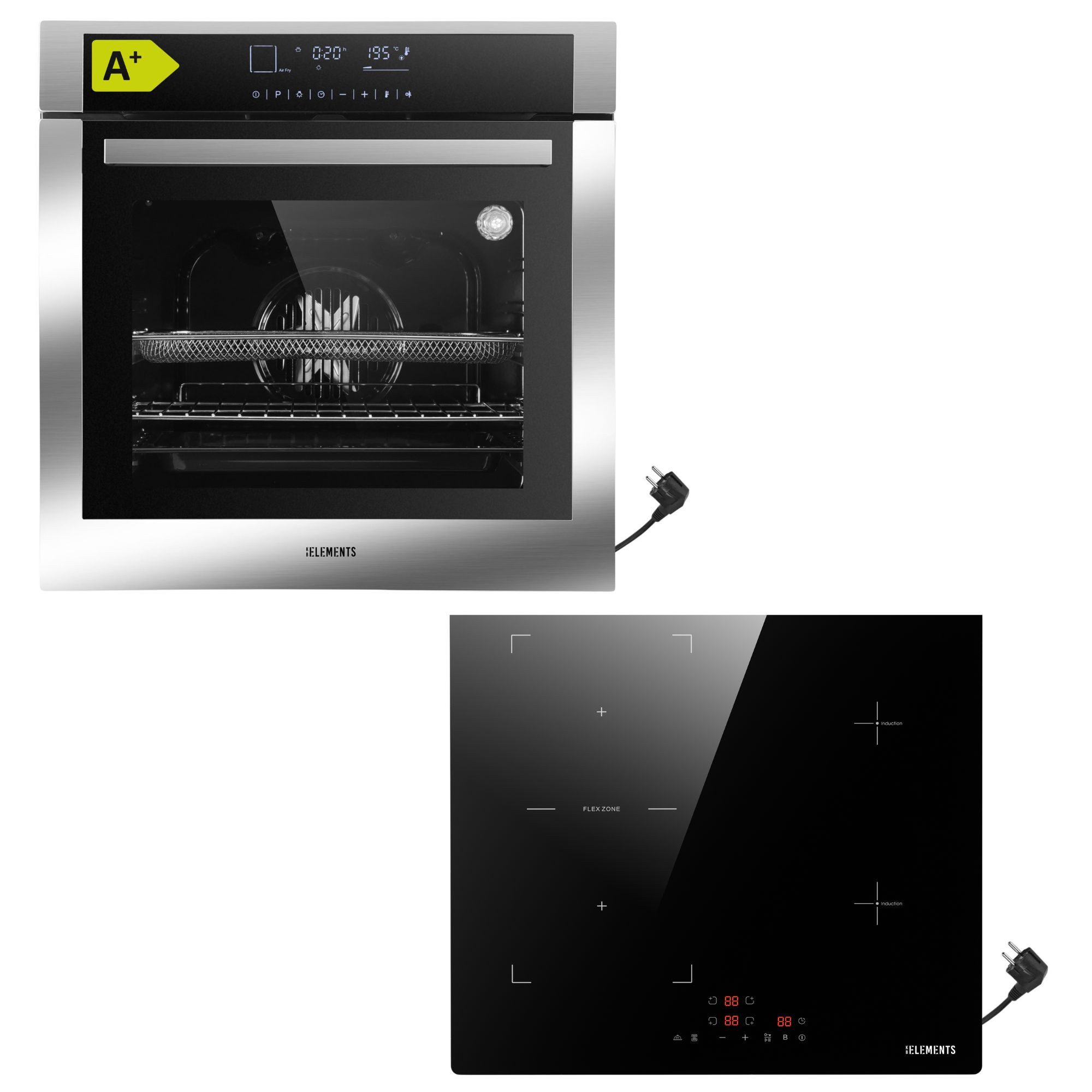 KB Elements Induktions Herd-Set Einbaubackofen 60 cm mit 4-Zonen Induktionskochfeld 60cm, mit 2-fach-Teleskopauszug, AQUA CLEAN, Backofen Full Touch mit 15 Funktionen, Schuko-Anschluss (EU-Stecker)