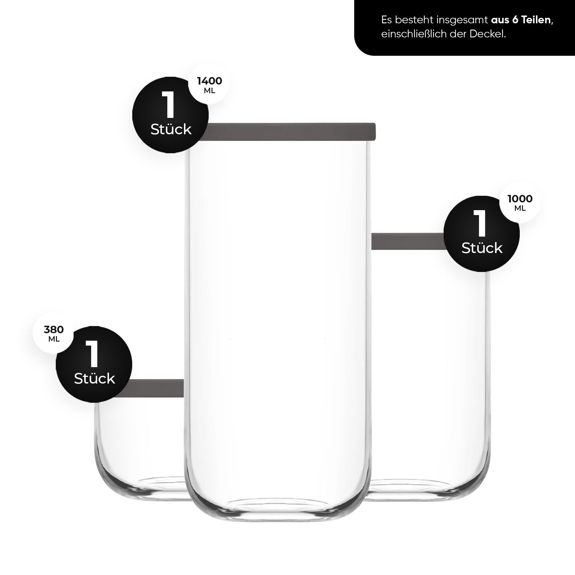 LAV Vorratsglas DUO Vorratsdosen-Set 3-tlg – 380 ml + 1000 ml + 1400 ml, Glas, (Vorratsdosen-/Aufbewahrungsdosen-Set, 3-tlg., 3-tlg. Set), 3 Größen (380/1000/1400 ml), transparente Dose mit Deckel