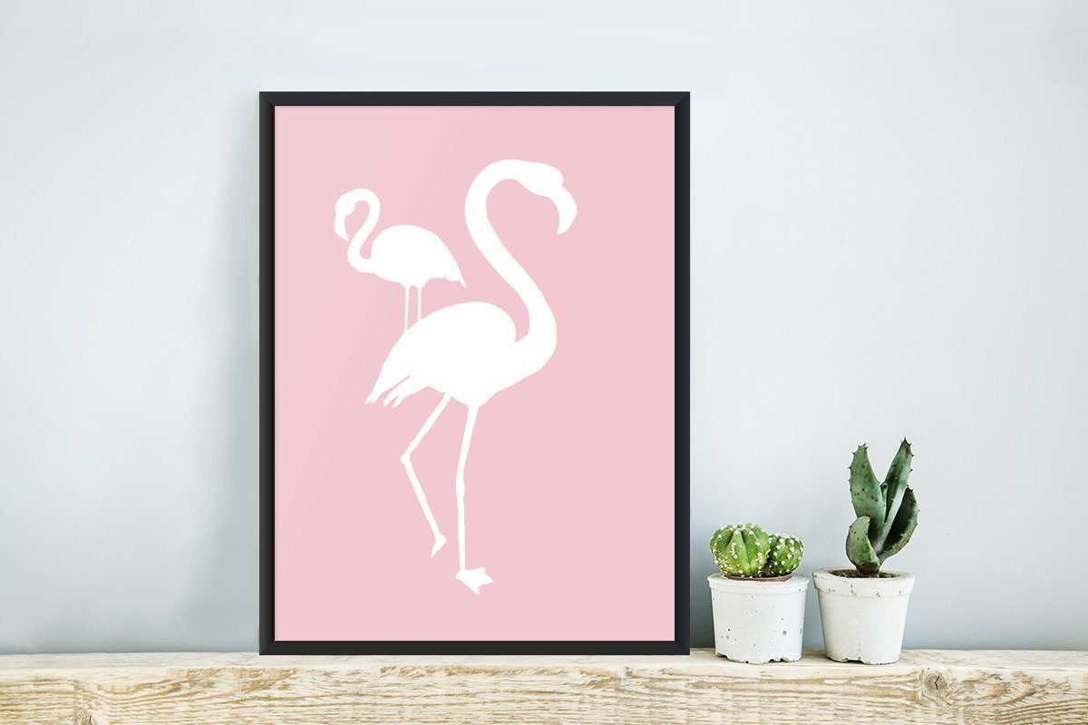 Flamingo, St), Poster, - Bilder, - Schwarzem MuchoWow Weiß Wandposter, Poster Wanddeko, Rosa (1 Bilderrahmen Gerahmtes