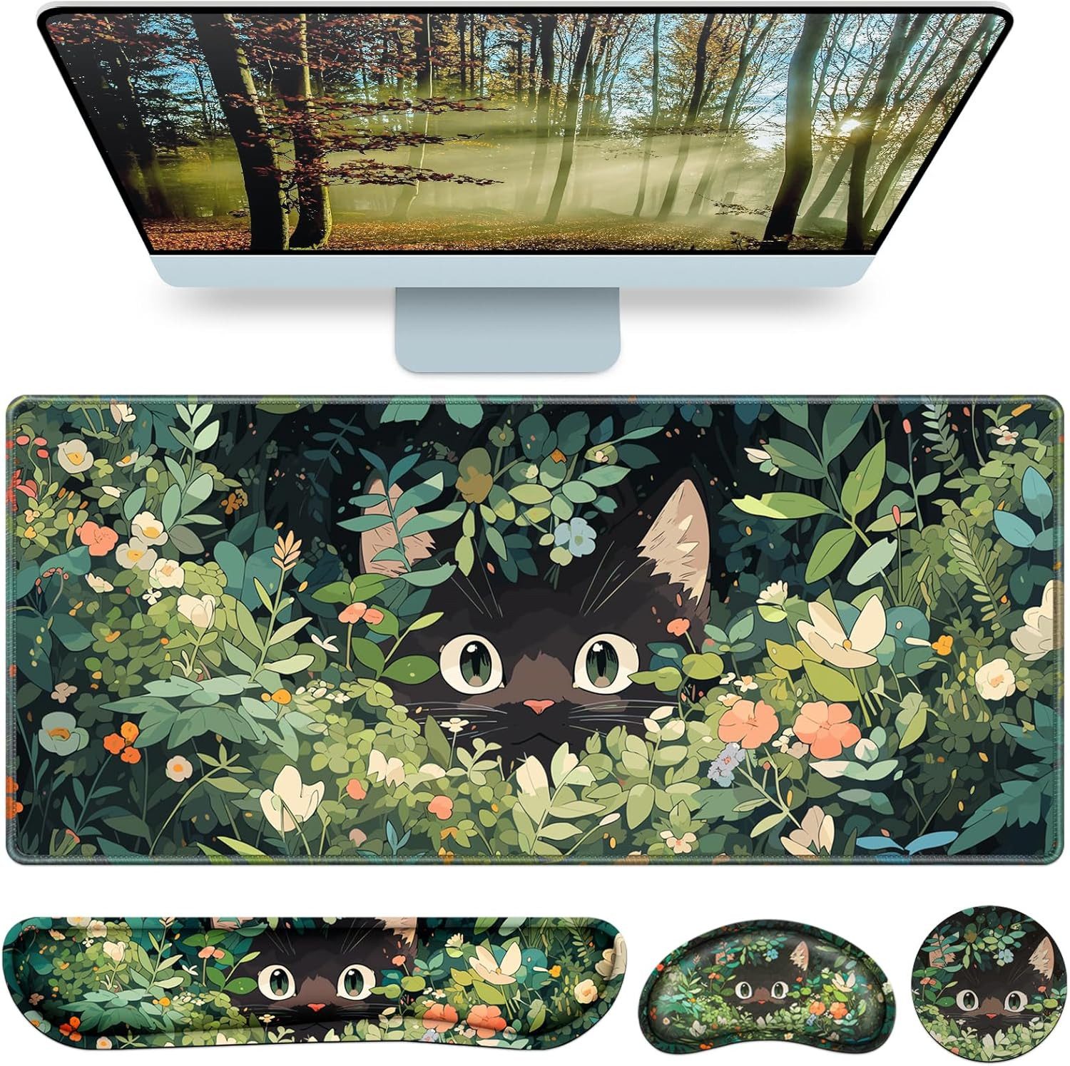 FOUORTUNATE-BEE Mauspad Große Schreibtischunterlage Gaming Mauspad Ergonomisch Set Katze (4-St), Desk Pad Set Büro Gaming Home Maus Tastatur Handgelenkauflage