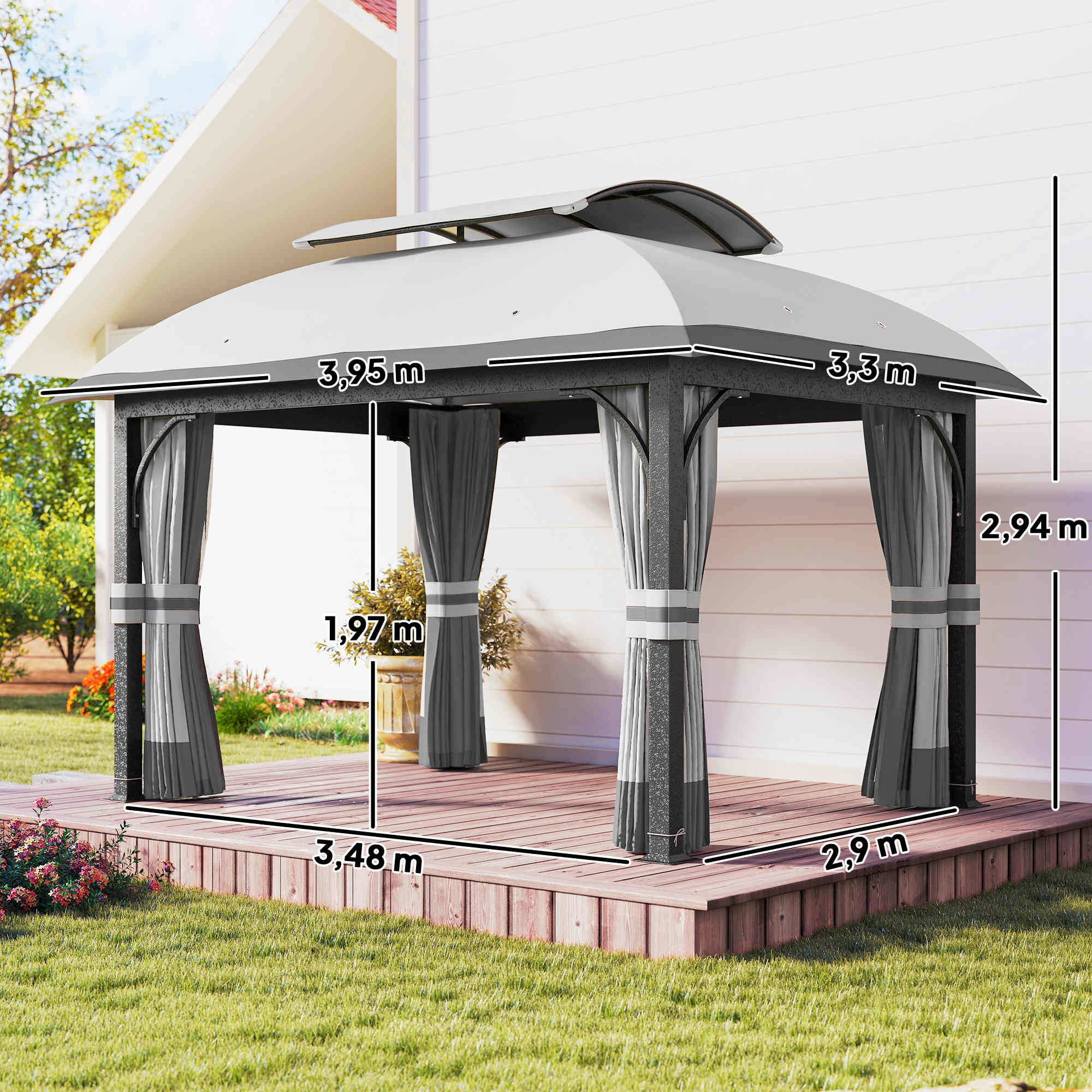 Outsunny Pavillon 4x3,3 m, mit Doppeldach, Moskitonetz, Seitenteile, mit 4 Seitenteilen, (Wasserdicht Stabil Winterfest Gartenpavillon, Garten-Pavillon), aus verzinktem Metall, für Garten, Terrasse, Hellgrau