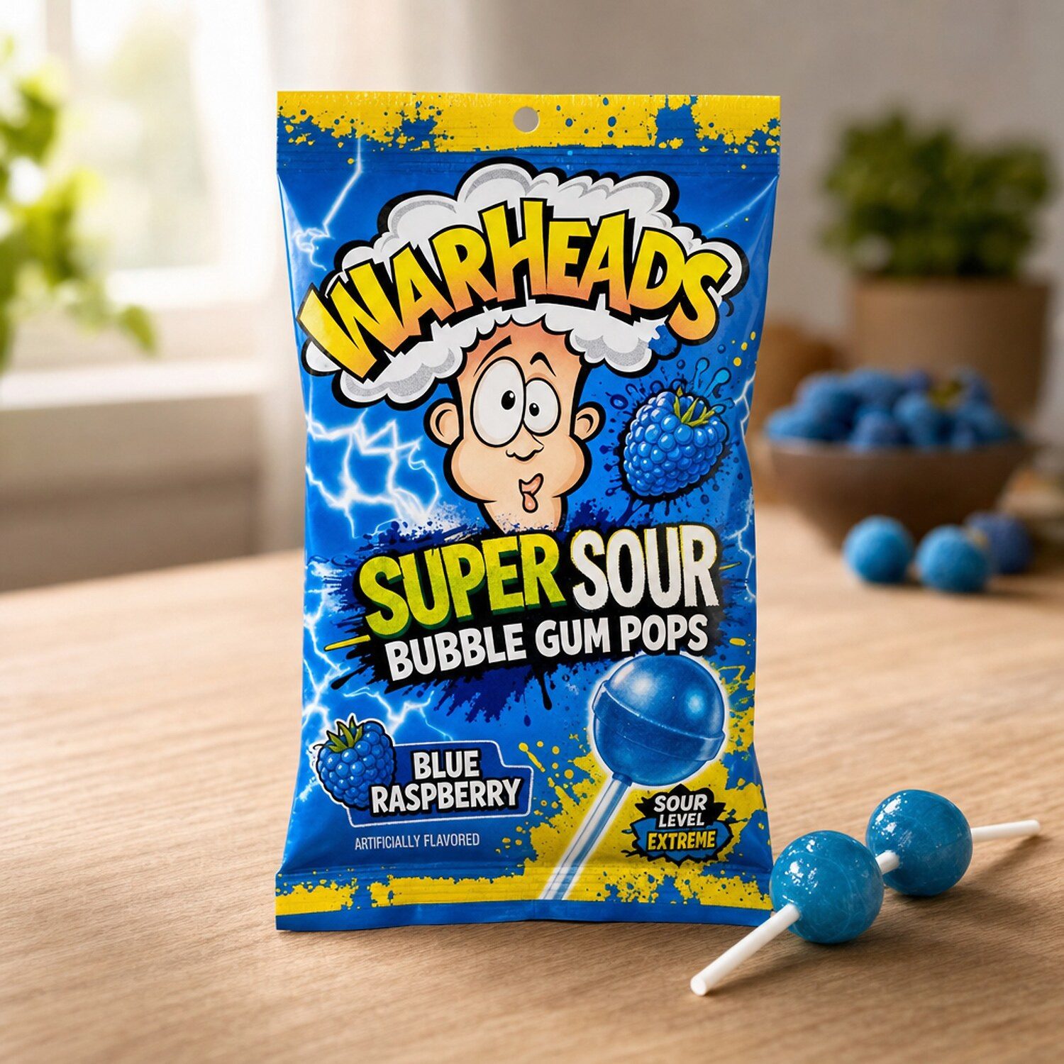 Warheads Süßigkeit, 1 x 105 g, Super Sour Bubble Gum Pops Blue Raspberry