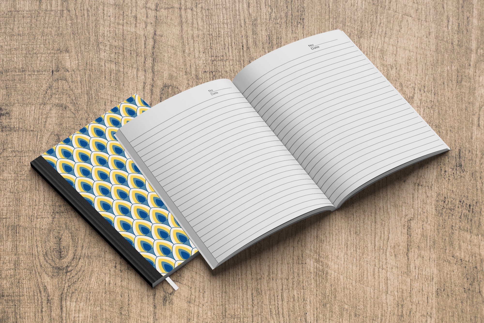 MuchoWow Notizbuch Design - Muster Gelb - 98 Tagebuch, Merkzettel, Blau, Notizheft, A5, - Seiten, Retro - Haushaltsbuch Journal