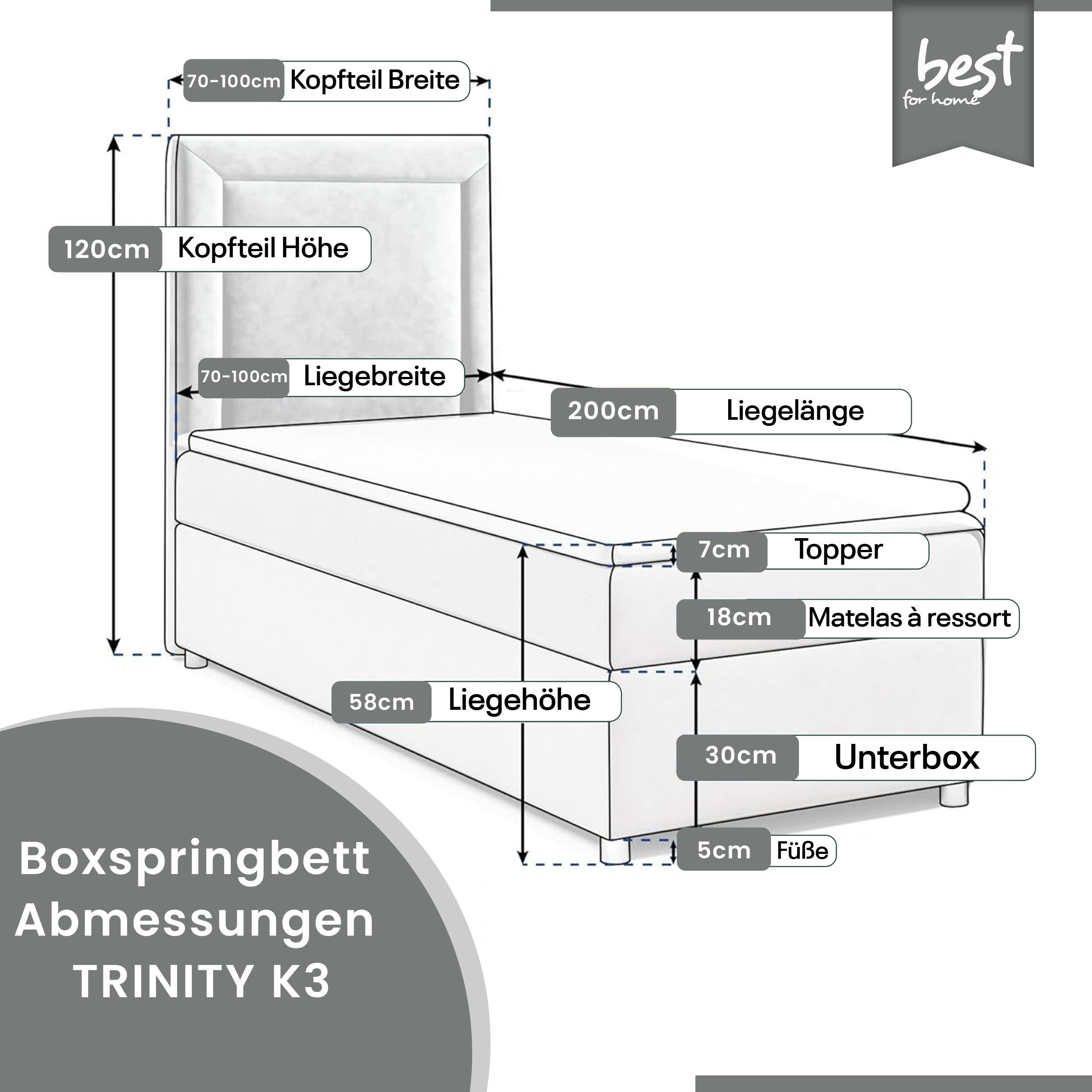 Best for Home Boxspringbett Trinity K-3 SINGLE mit Bettkasten & Komfort Topper H3 (Einzelbett, Polsterbett mit gepolstertes Kopfteil, Jugendbett, Kinderbett versch. Größen, 70x200 80x200 90x200 100x200 cm), verschiedene Liefermöglichkeiten, Handwerksqualität
