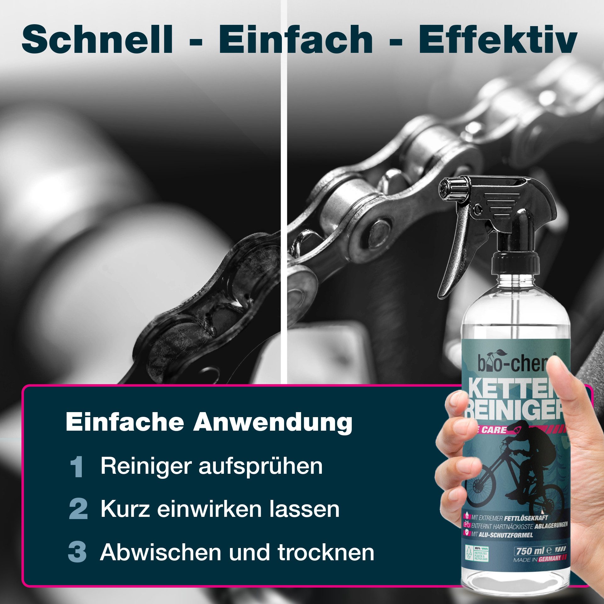 bio-chem bio-chem Kettenreiniger Fahrrad flüssig - Antriebsentfetter - 750 ml Zweiradreiniger (Einzelprodukt, [- Kettenreiniger 0.75 l Handsprayflasche Lösemittelfreier Entfetter, materialschonend)