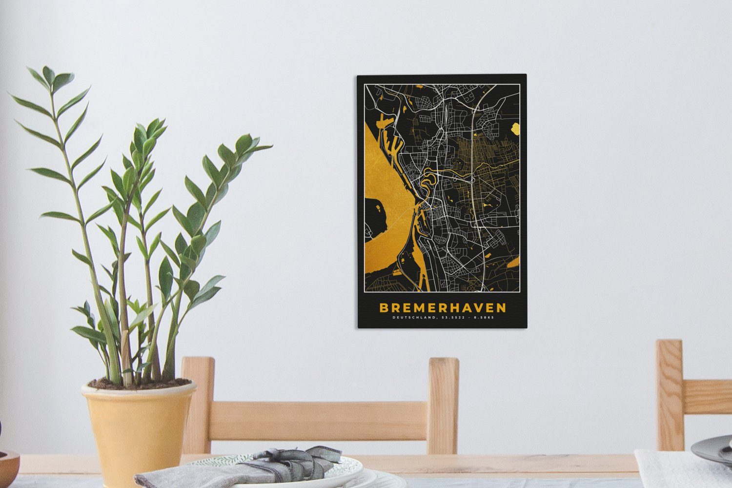 Karte Gemälde, Deutschland, - OneMillionCanvasses® Gold Stadtplan - (1 bespannt 20x30 - Zackenaufhänger, St), Leinwandbild - cm Leinwandbild inkl. Bremerhaven fertig