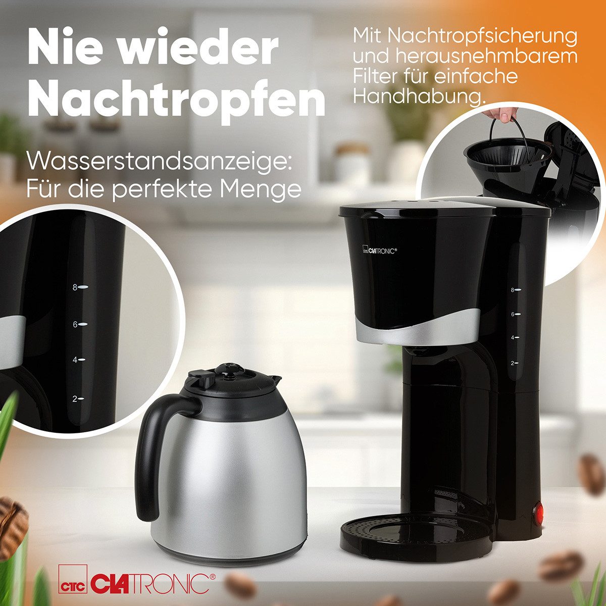 CLATRONIC Filterkaffeemaschine KA 3327, Kaffeemaschine mit Thermoskanne, für 8-10 Tassen