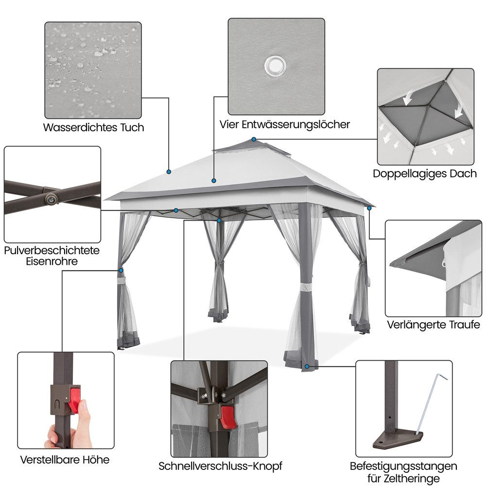 Yaheetech Faltpavillon Höhenverstellbarer Gartenpavillon mit Dach 3,3x3,3 m/ 4x4m, mit 4 Seitenteilen, Zelt mit Moskitonetz & Doppeldach & Tragetasche – Bild 4 von 5