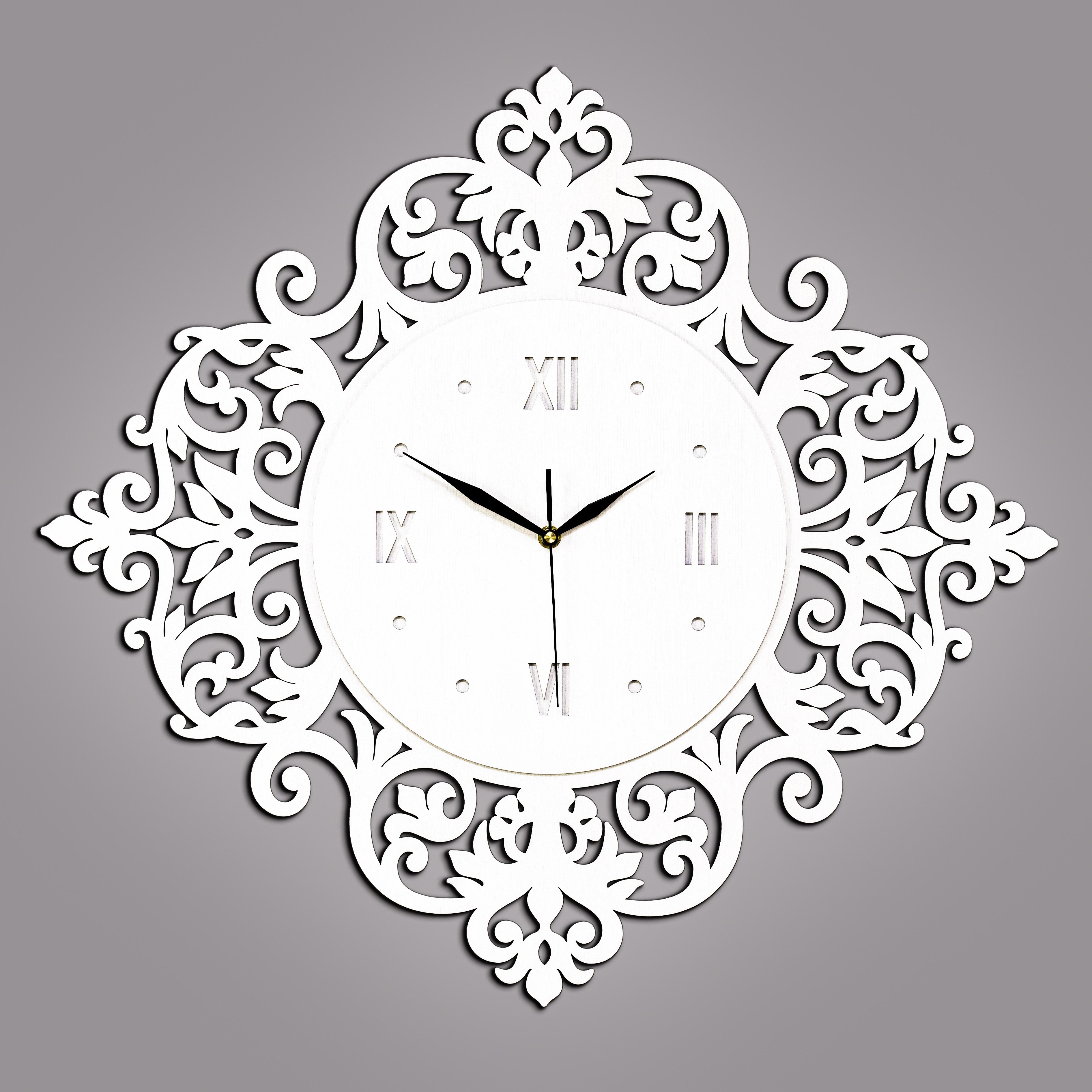 ORNAMENTI Wanduhr Grosse, vintage Wanduhr,Ornament, holz, hingucker, weiss, schwarz (Handmade, retro, ohne Ticken, Wanddeko, 3 Größen 40, 50, 60 cm)