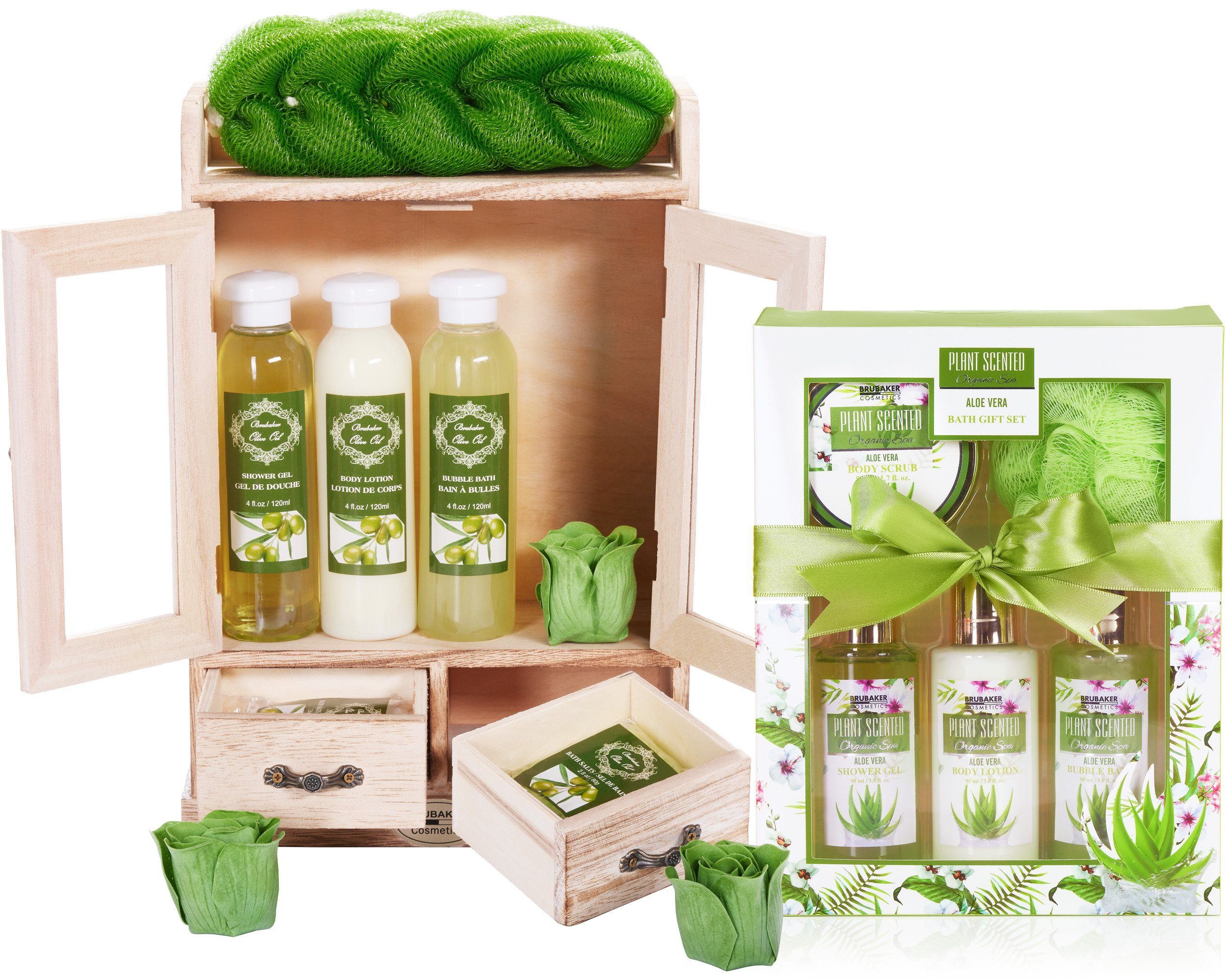 BRUBAKER Pflege-Geschenkset 2 in 1 Pflegeset Olive & Aloe Vera - Wellness Set, 15-tlg., Damen Dusch- und Badeset - Frauen Beauty Geschenkset mit Dekoration
