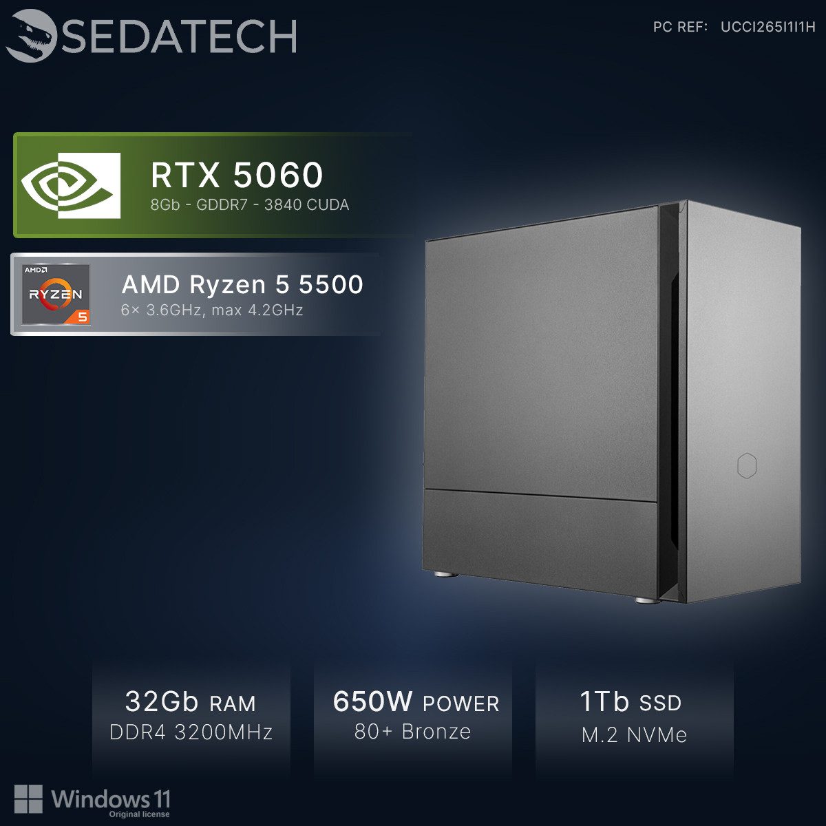 Sedatech UCCI265I1I1HF - Gaming-PC (AMD Ryzen 5 5500 6x 3.6GHz (max 4.2GHz), Geforce RTX5060 8GB, 32 GB RAM, 1000 GB SSD, Wlan 5)