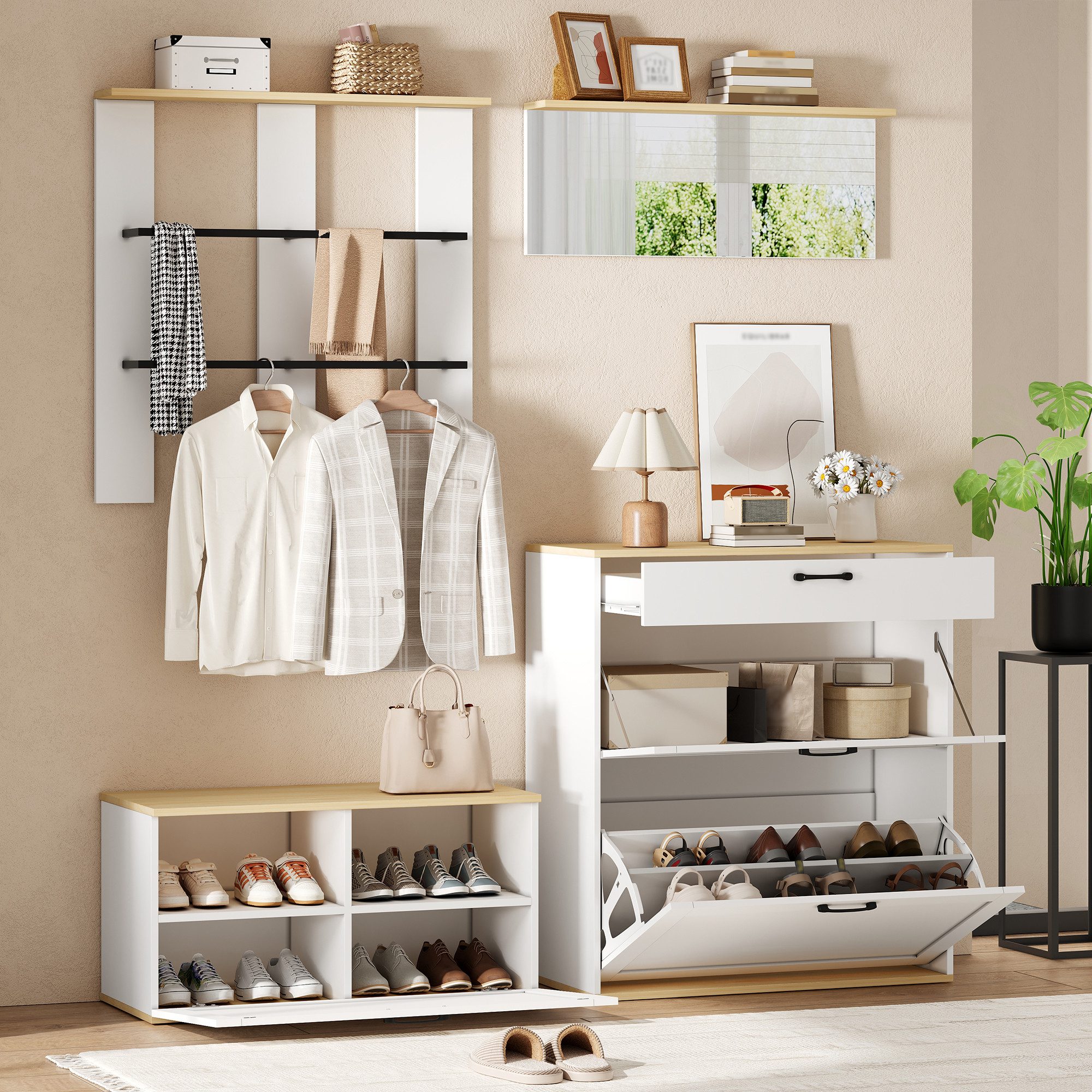 KLAM HOME Garderoben-Set Modulares Garderoben-Set Weiß-Holz mit Spiegel und Schuhbank, (Flurgarderobe 156cm frei kombinierbar mit verstellbarem Schuhschrank), Multifunktionaler Eingangsschrank aus MDF mit viel Stauraum