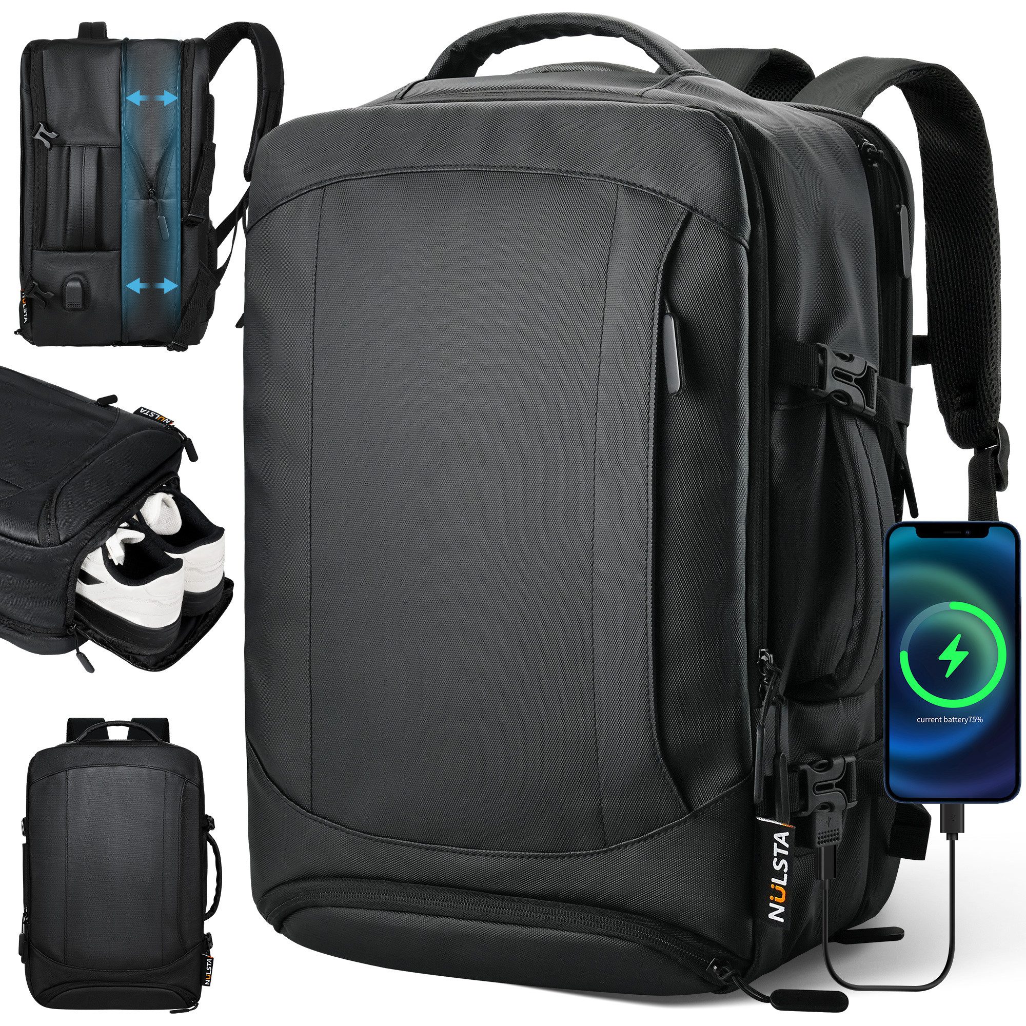 NULSTA Laptoprucksack 38L Rucksack Reiserucksack Wasserdicht & Flugtauglich, Tourenrucksack mit USB-Ladeanschluss & Schuhfach Reisegeeignet Herren