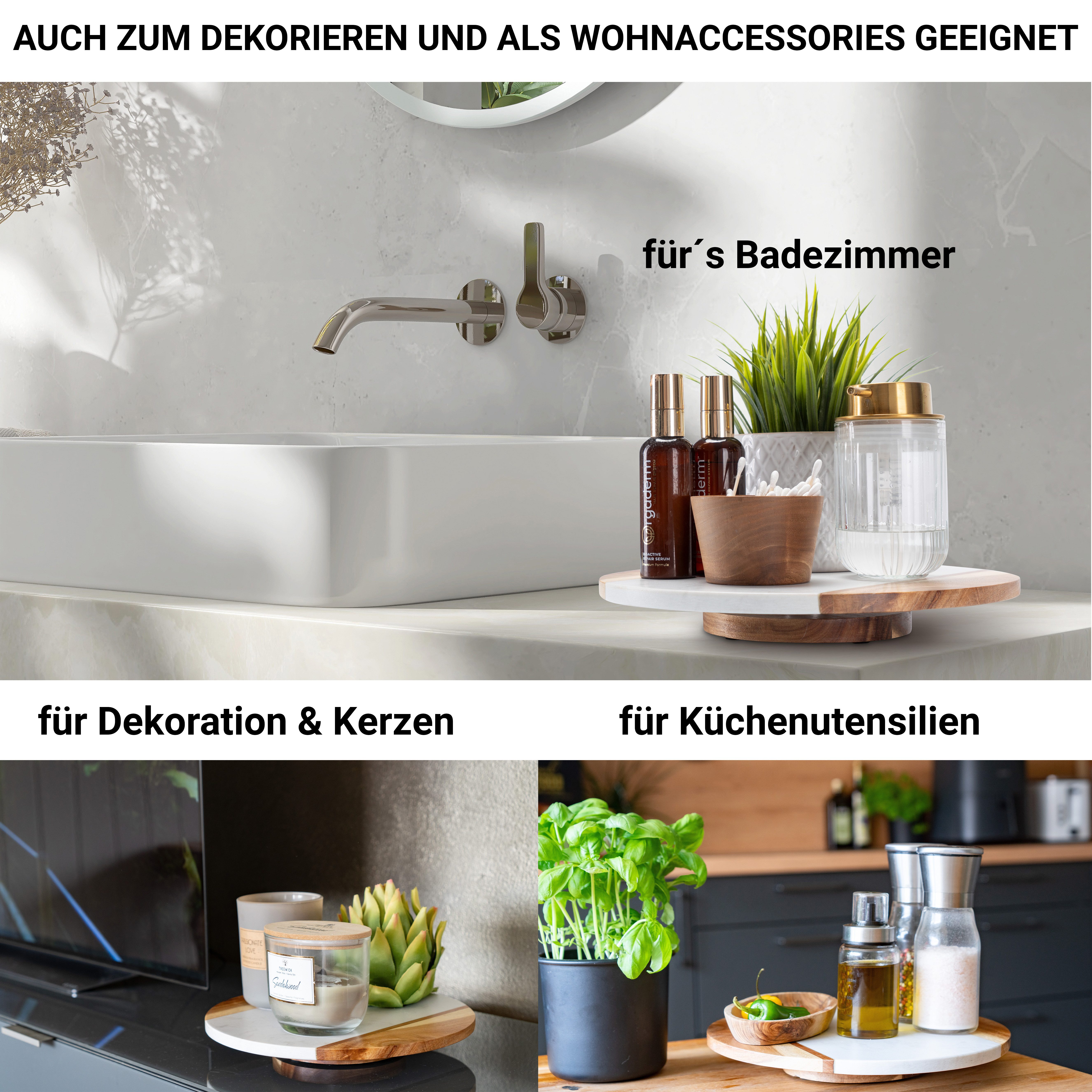 Fino Casa Tortenplatte Fino Casa drehbare Marmorplatte rund Kuchenplatte Wurstplatte, Marmor & Holz, (1x drehbare Marmorplatte rund Ø 30 cm), Etagere Lazy Susan Sushi-Platte Antipasti-Platte