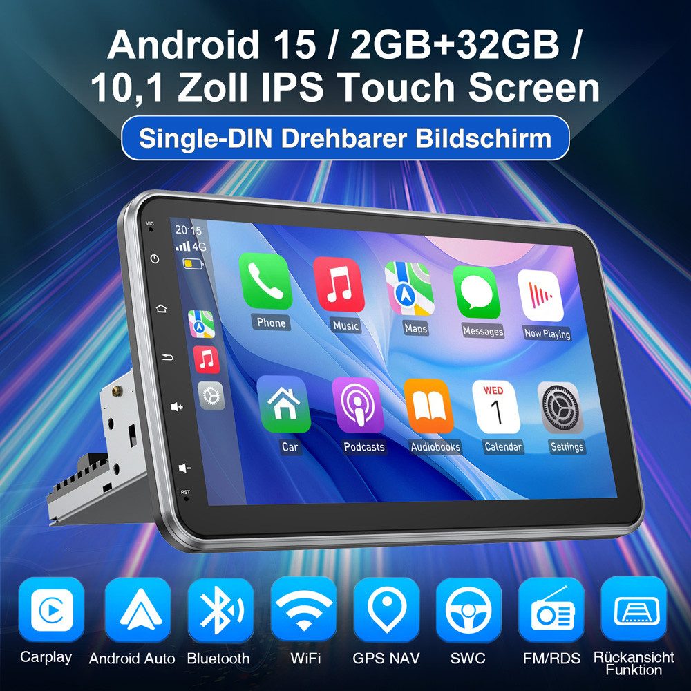 ESSGOO 4+64G Android 15 Autoradio 1 DIN 360° Drehbar Bildschirm Carplay Navigationsgerät (Carplay Android Auto Bluetooth FM AM RDS WIFI GPS)