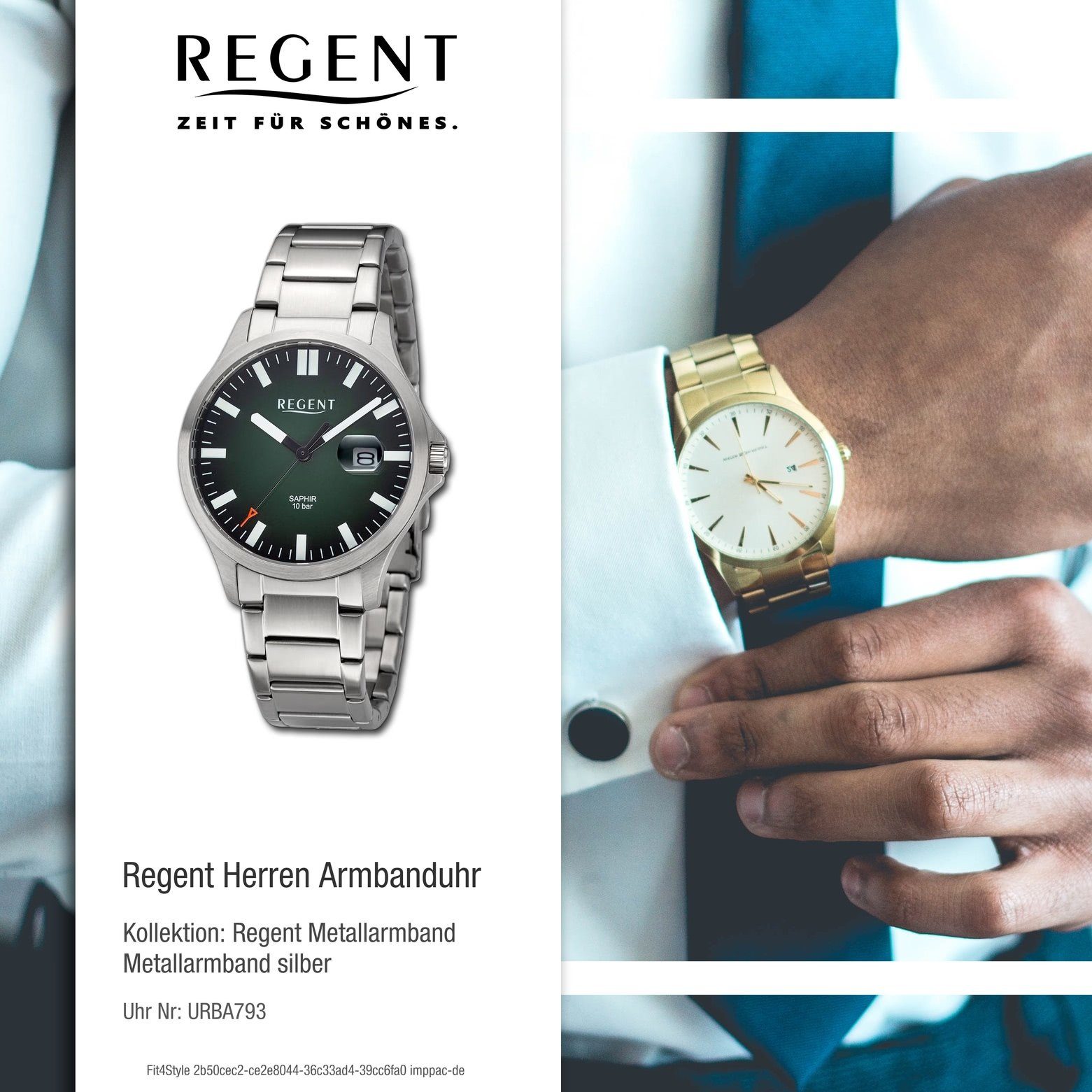 Armbanduhr Regent extra rund, Armbanduhr (ca. Regent 40mm), Herren Metallarmband Analog, Herren groß Quarzuhr