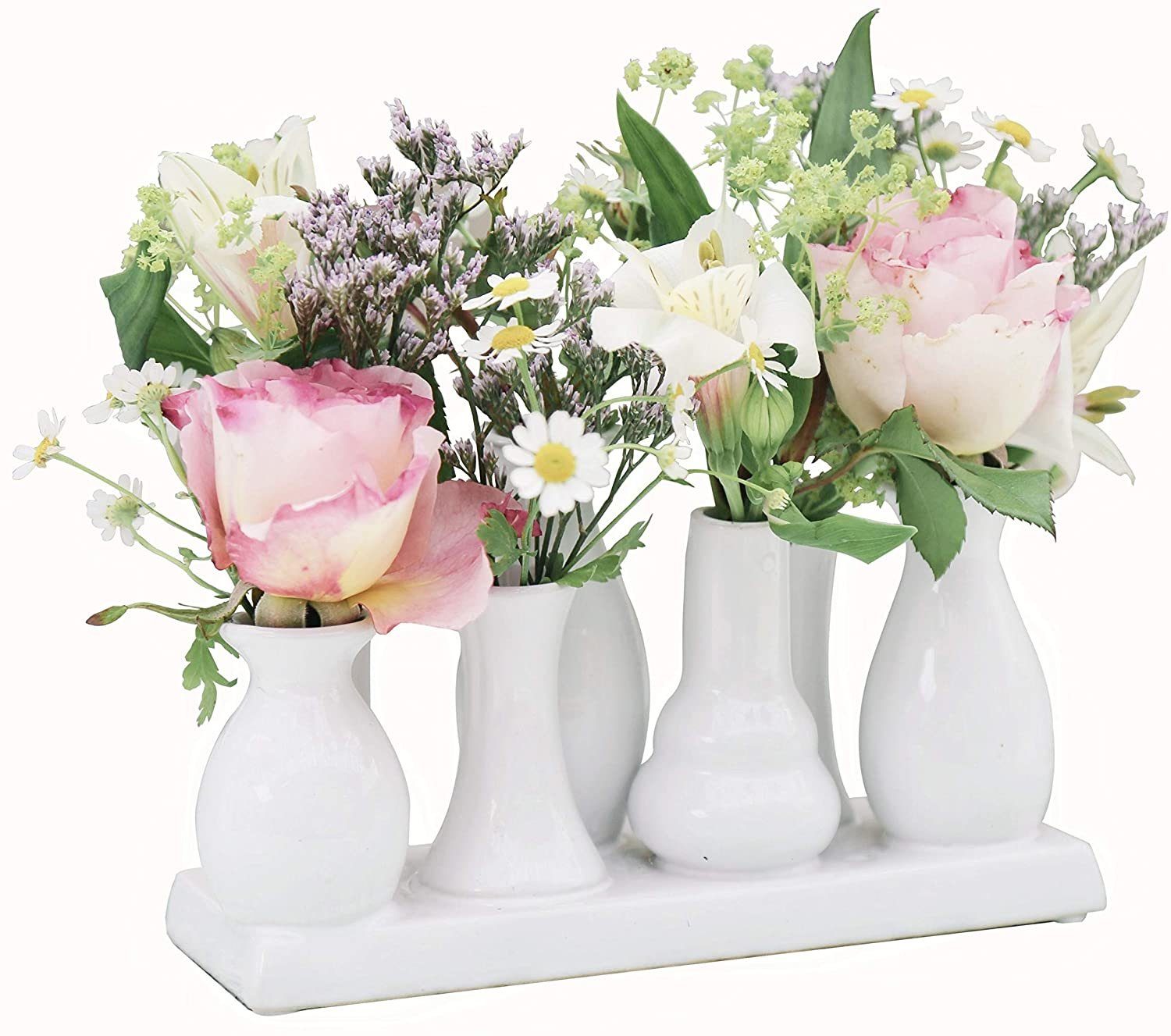 Jinfa Dekovase Handgefertigte kleine Keramik Deko Blumenvasen (7 Vasen Set weiß), verbunden auf auf einem Tablett