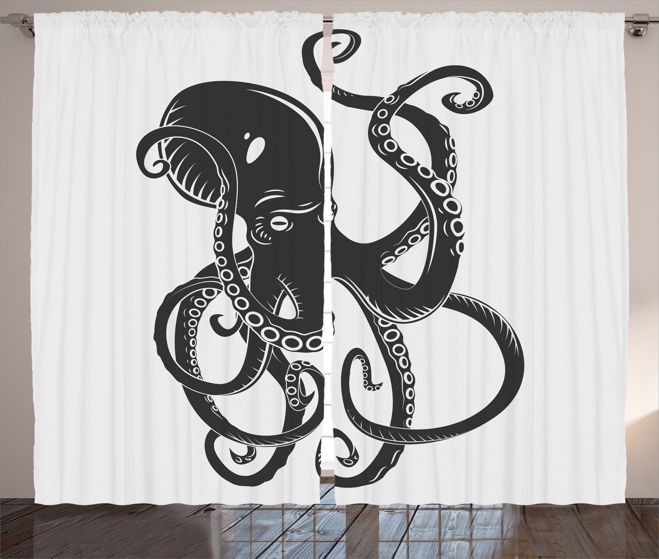 Gardine Schlafzimmer Kräuselband Vorhang mit Cartoon Schwarz in Abakuhaus, Sea Haken, Octopus Schlaufen und