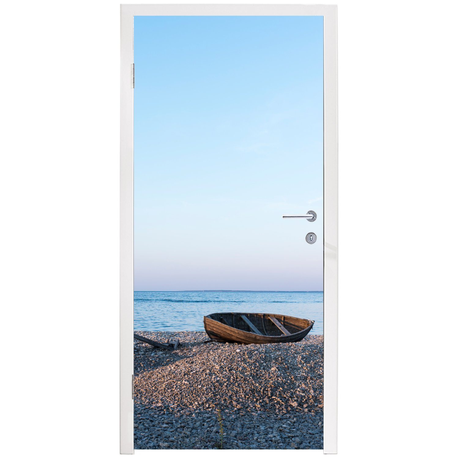 Türaufkleber, Strand 75x205 cm Fototapete Türtapete Meer, (1 Tür, Boot - für bedruckt, MuchoWow Matt, St), -